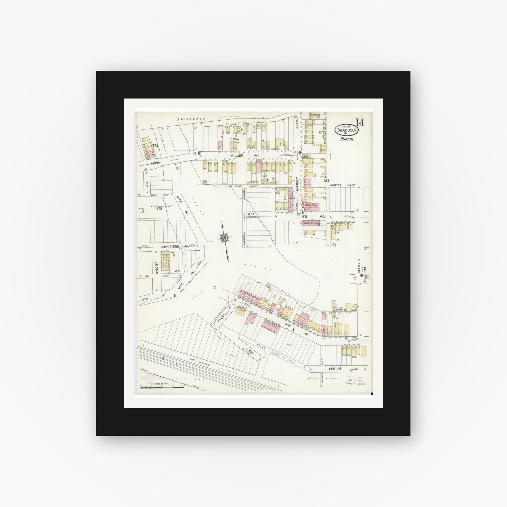Old map wall art mockup — black gallery frame with white mat — Sanborn Fire Insurance Map from Braddock, Allegheny County, Pennsylvania (1914), Sheet #0014
