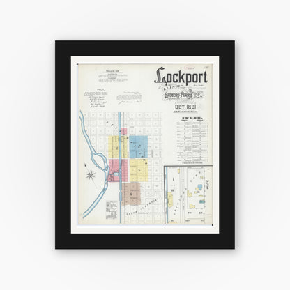 Old map wall art mockup — black gallery frame with white mat — Sanborn Fire Insurance Map from Lockport, Will County, Illinois (1891) - Complete Map Set
