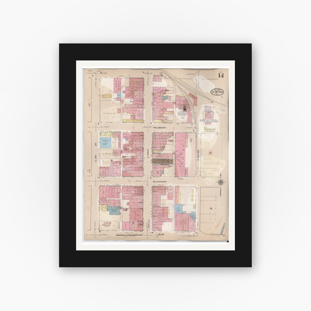 Old map wall art mockup — black gallery frame with white mat — Sanborn Fire Insurance Map from Clinton, Vermillion County, Indiana (1947), Sheet #0014