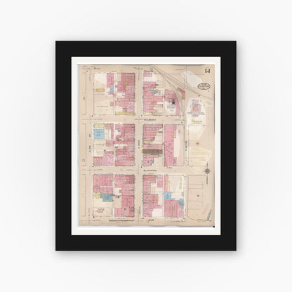 Old map wall art mockup — black gallery frame with white mat — Sanborn Fire Insurance Map from Clinton, Vermillion County, Indiana (1947), Sheet #0014