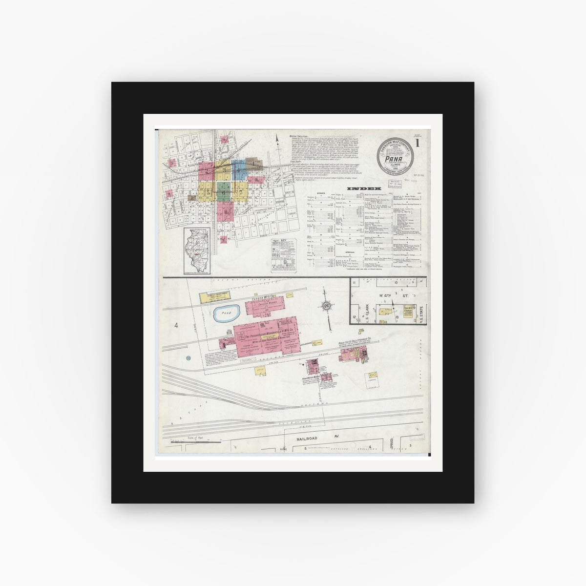 Old map wall art mockup — black gallery frame with white mat — Sanborn Fire Insurance Map from Pana, Christian County, Illinois (1916), Sheet #0001