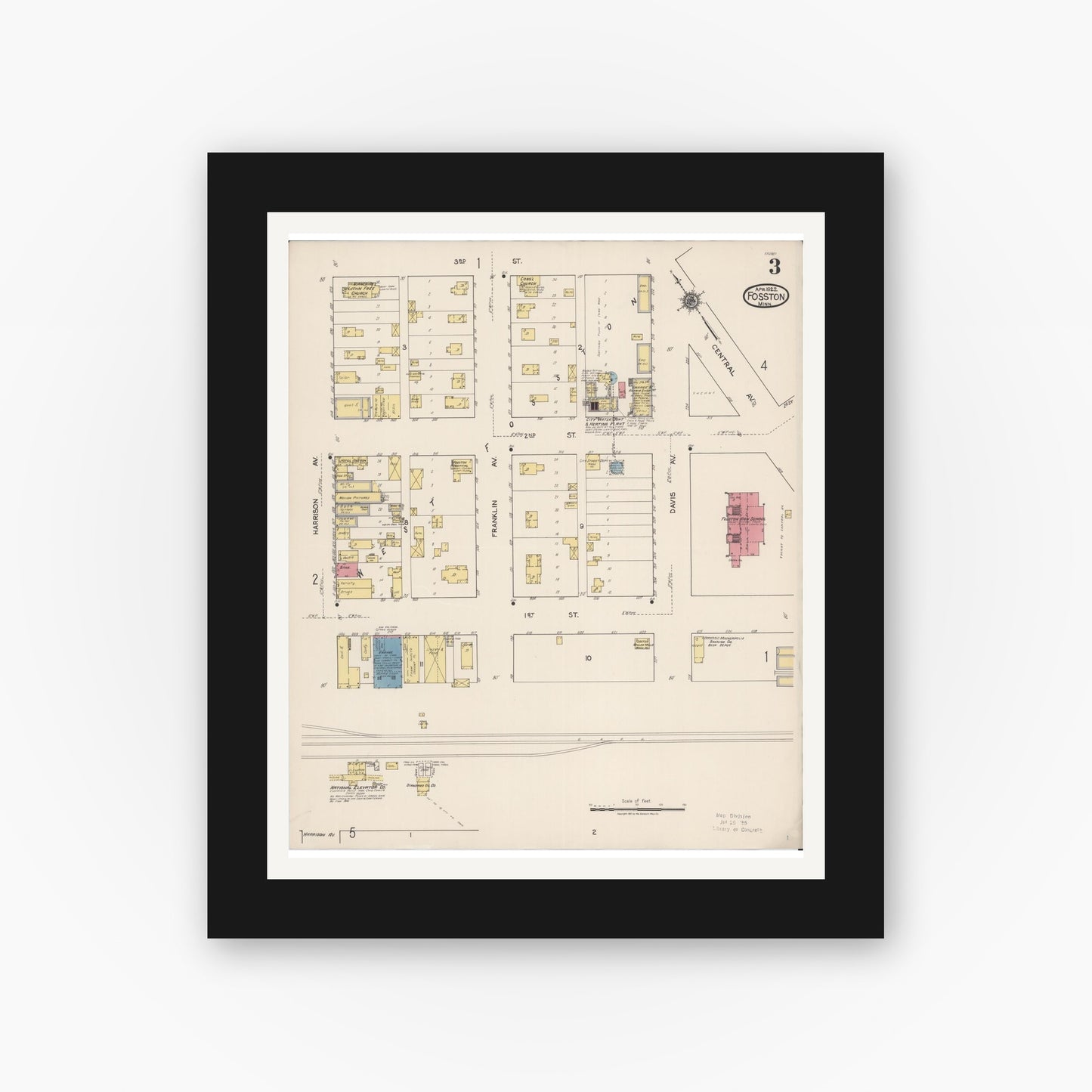 Old map wall art mockup — black gallery frame with white mat — Sanborn Fire Insurance Map from Fosston, Polk County, Minnesota (1922), Sheet #0003