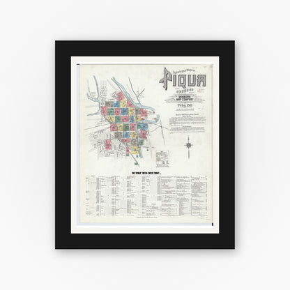 Old map wall art mockup — black gallery frame with white mat — Sanborn Fire Insurance Map from Piqua, Miami County, Ohio (1911), Sheet #0001