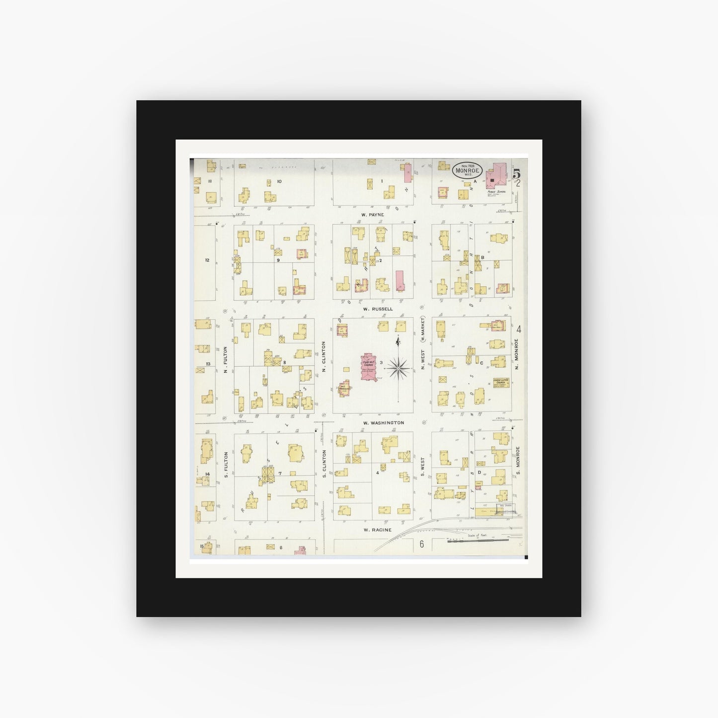 Old map wall art mockup — black gallery frame with white mat — Sanborn Fire Insurance Map from Monroe, Green County, Wisconsin (1908), Sheet #0005
