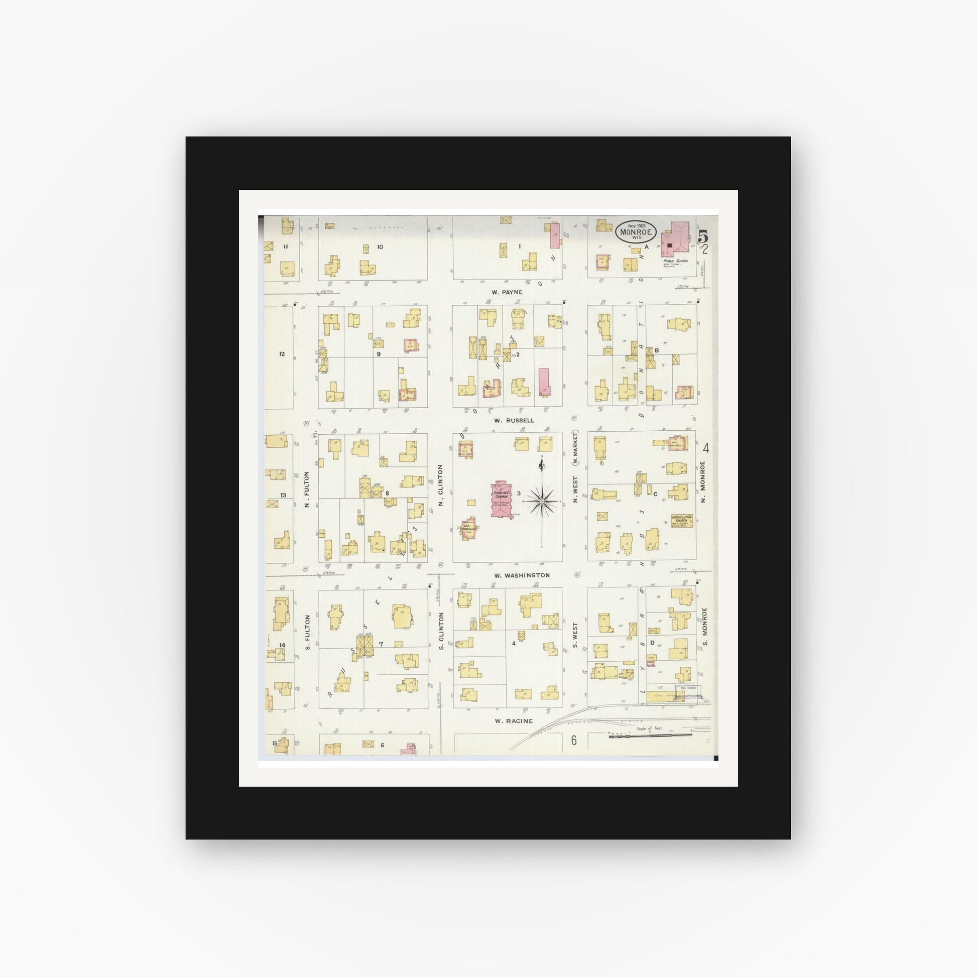 Old map wall art mockup — black gallery frame with white mat — Sanborn Fire Insurance Map from Monroe, Green County, Wisconsin (1908), Sheet #0005