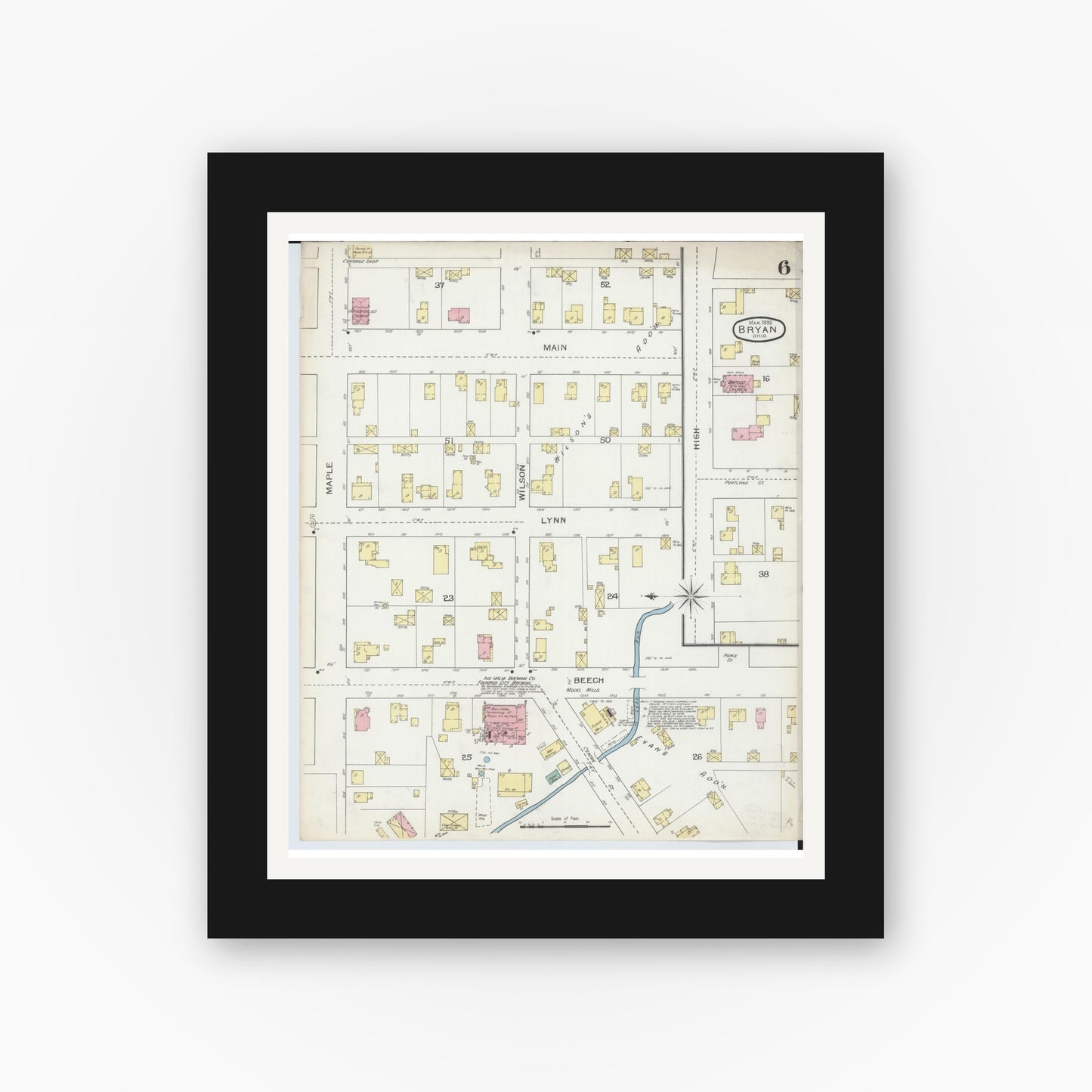 Old map wall art mockup — black gallery frame with white mat — Sanborn Fire Insurance Map from Bryan, Williams County, Ohio (1893), Sheet #0006