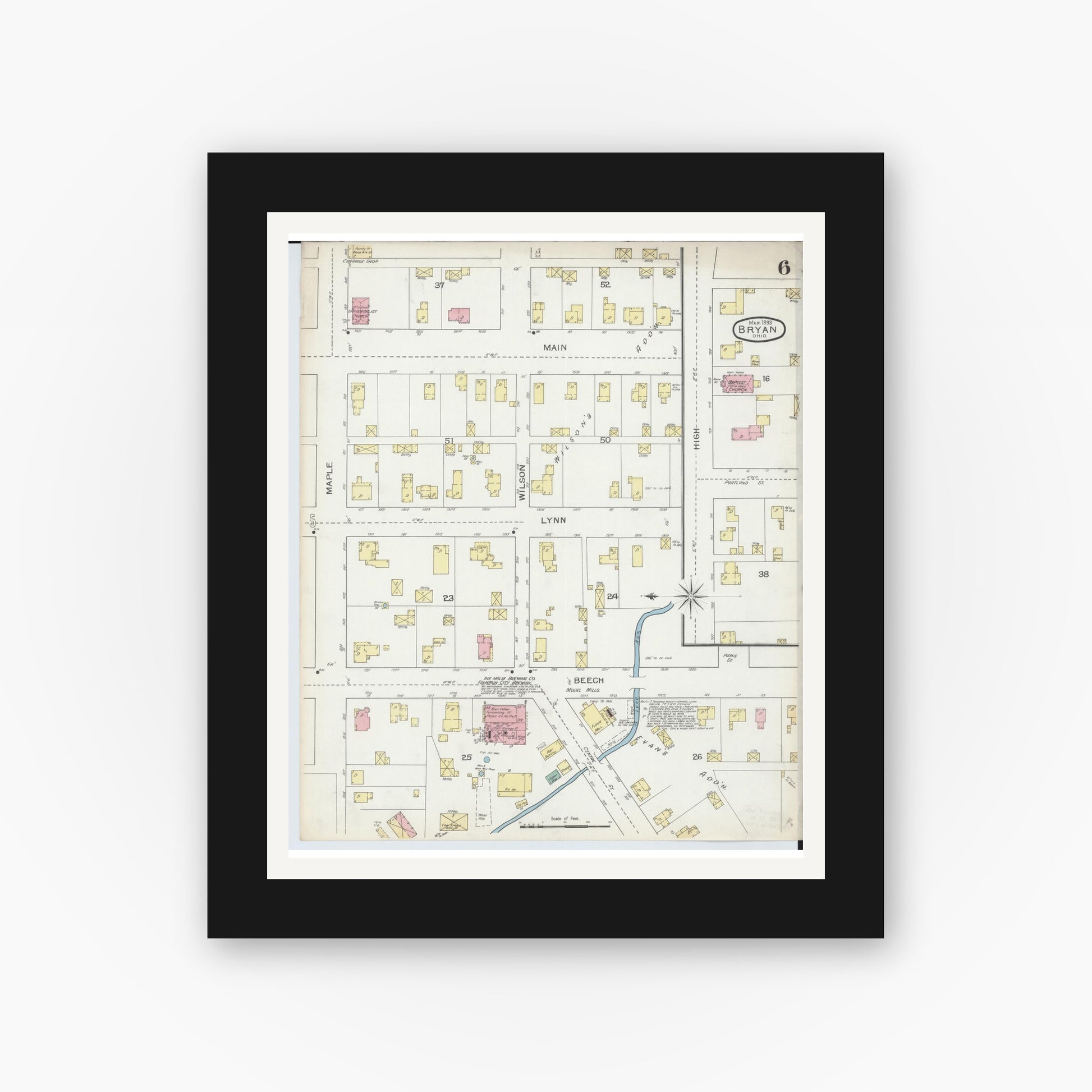 Old map wall art mockup — black gallery frame with white mat — Sanborn Fire Insurance Map from Bryan, Williams County, Ohio (1893), Sheet #0006
