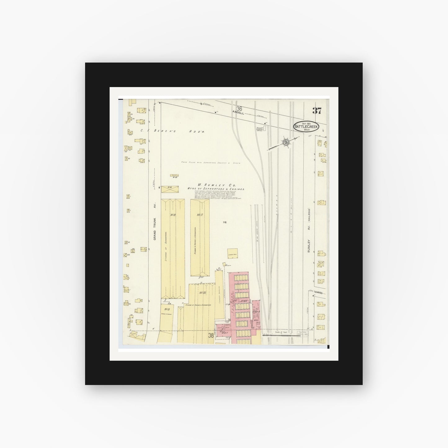 Old map wall art mockup — black gallery frame with white mat — Sanborn Fire Insurance Map from Battle Creek, Calhoun County, Michigan (1913), Sheet #0037