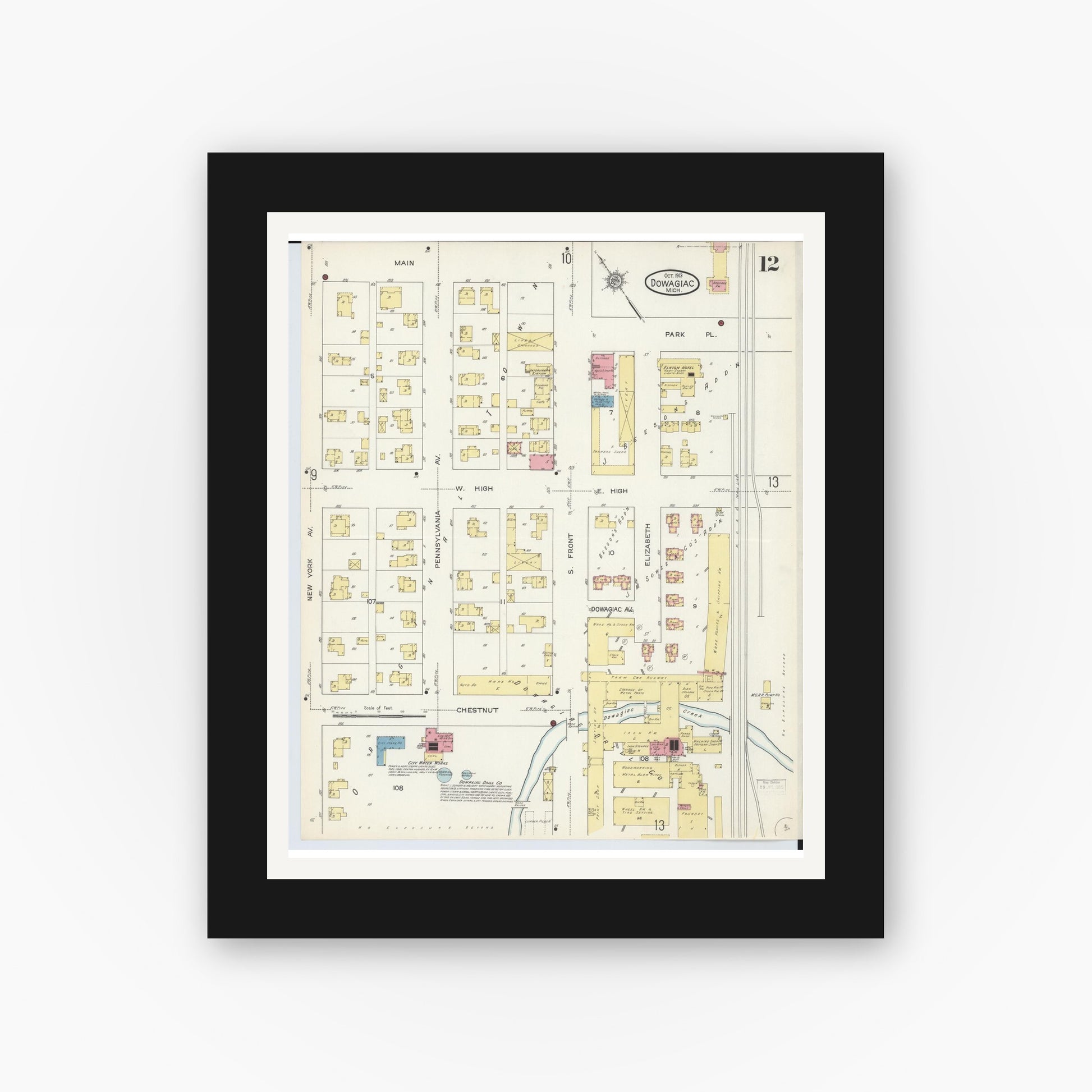 Old map wall art mockup — black gallery frame with white mat — Sanborn Fire Insurance Map from Dowagiac, Cass County, Michigan (1913), Sheet #0012