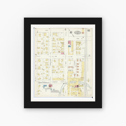 Old map wall art mockup — black gallery frame with white mat — Sanborn Fire Insurance Map from Dowagiac, Cass County, Michigan (1913), Sheet #0012