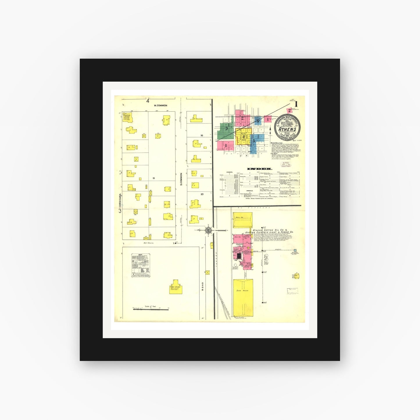 Old map wall art mockup — black gallery frame with white mat — Sanborn Fire Insurance Map from Athens, Henderson County, Texas (1912), Sheet #0001