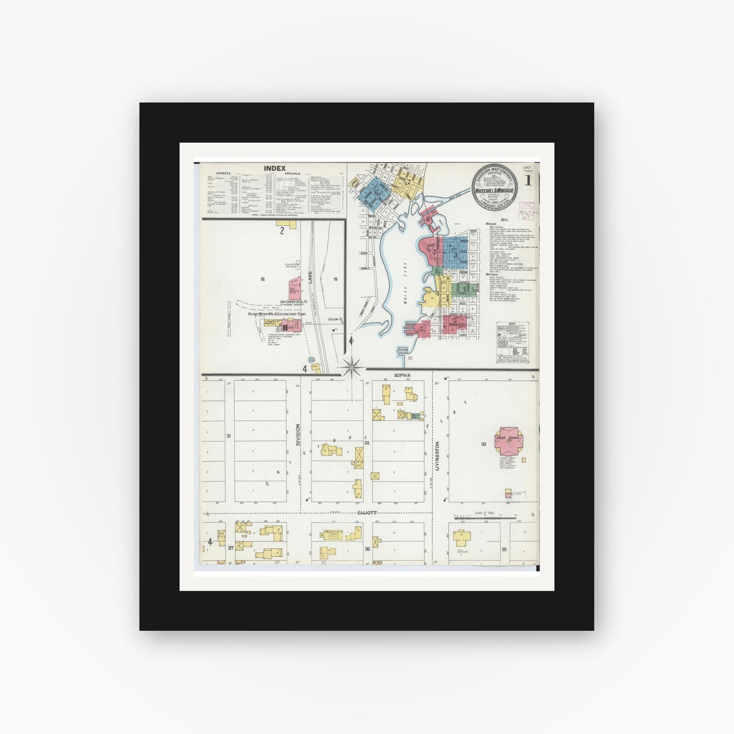 Old map wall art mockup — black gallery frame with white mat — Sanborn Fire Insurance Map from Whitehall, Muskegon County, Michigan (1902), Sheet #0001