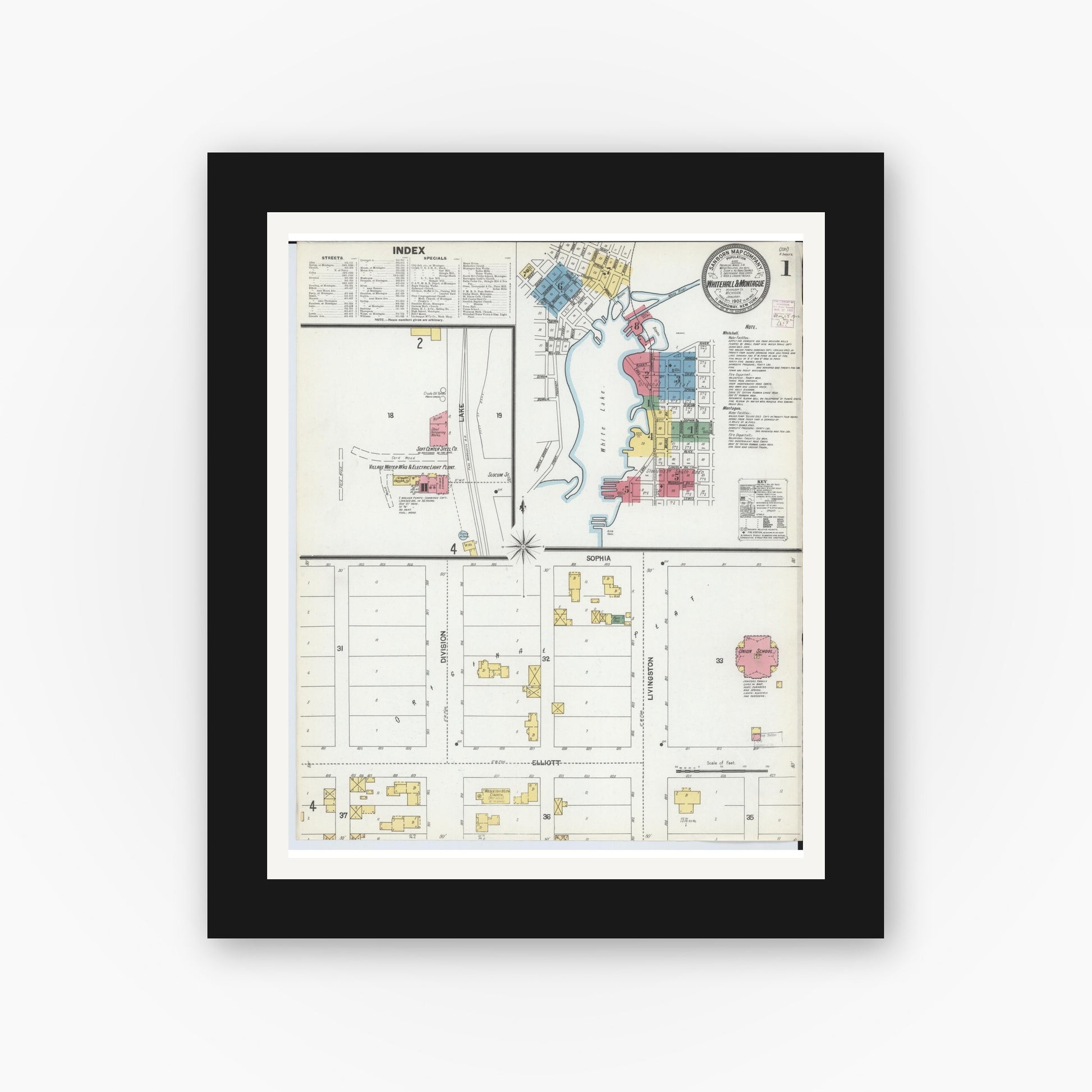Old map wall art mockup — black gallery frame with white mat — Sanborn Fire Insurance Map from Whitehall, Muskegon County, Michigan (1902), Sheet #0001