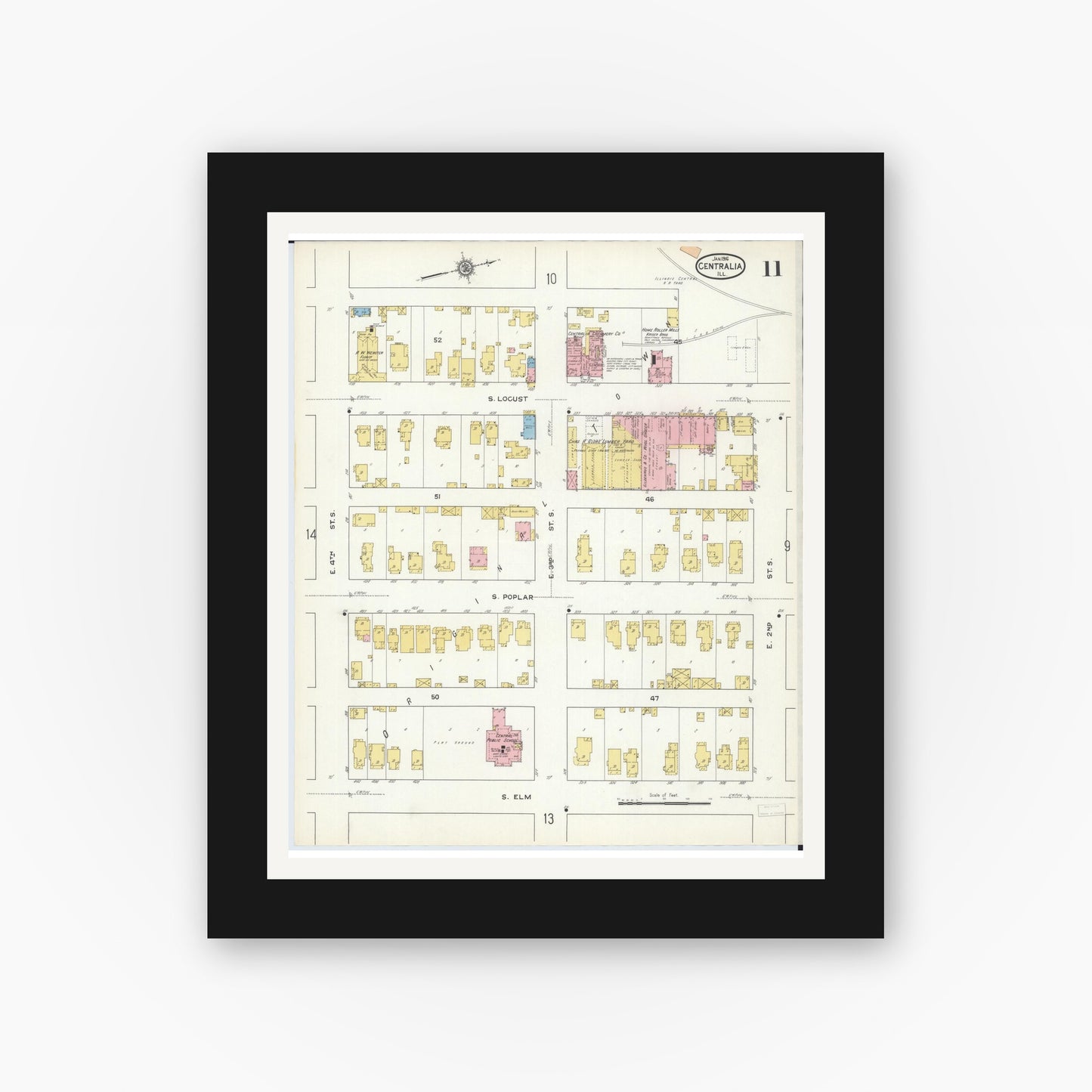 Old map wall art mockup — black gallery frame with white mat — Sanborn Fire Insurance Map from Centralia, Marion, Clinton, Jefferson, and Washington Counties, Illinois (1916), Sheet #0011