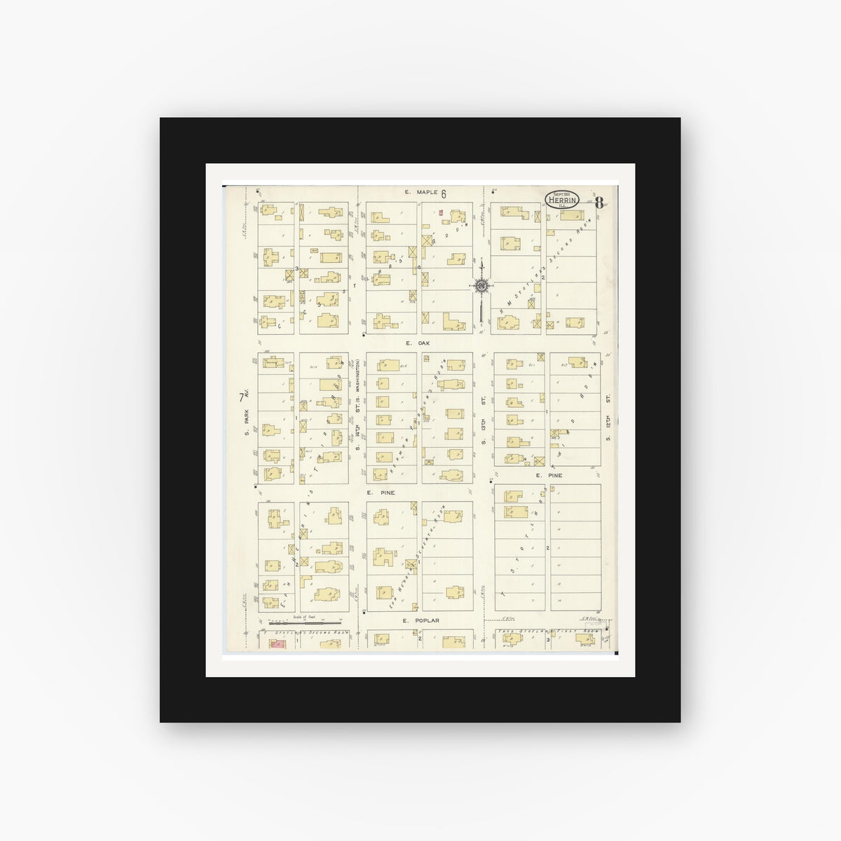 Old map wall art mockup — black gallery frame with white mat — Sanborn Fire Insurance Map from Herrin, Williamson County, Illinois (1913), Sheet #0008