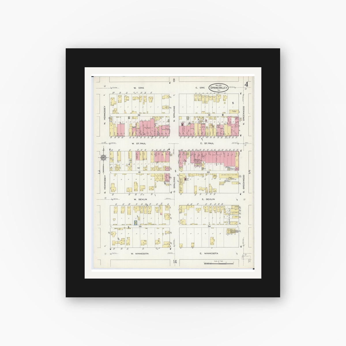 Old map wall art mockup — black gallery frame with white mat — Sanborn Fire Insurance Map from Spring Valley, Bureau County, Illinois (1913), Sheet #0004