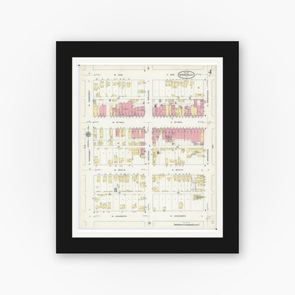 Old map wall art mockup — black gallery frame with white mat — Sanborn Fire Insurance Map from Spring Valley, Bureau County, Illinois (1913), Sheet #0004