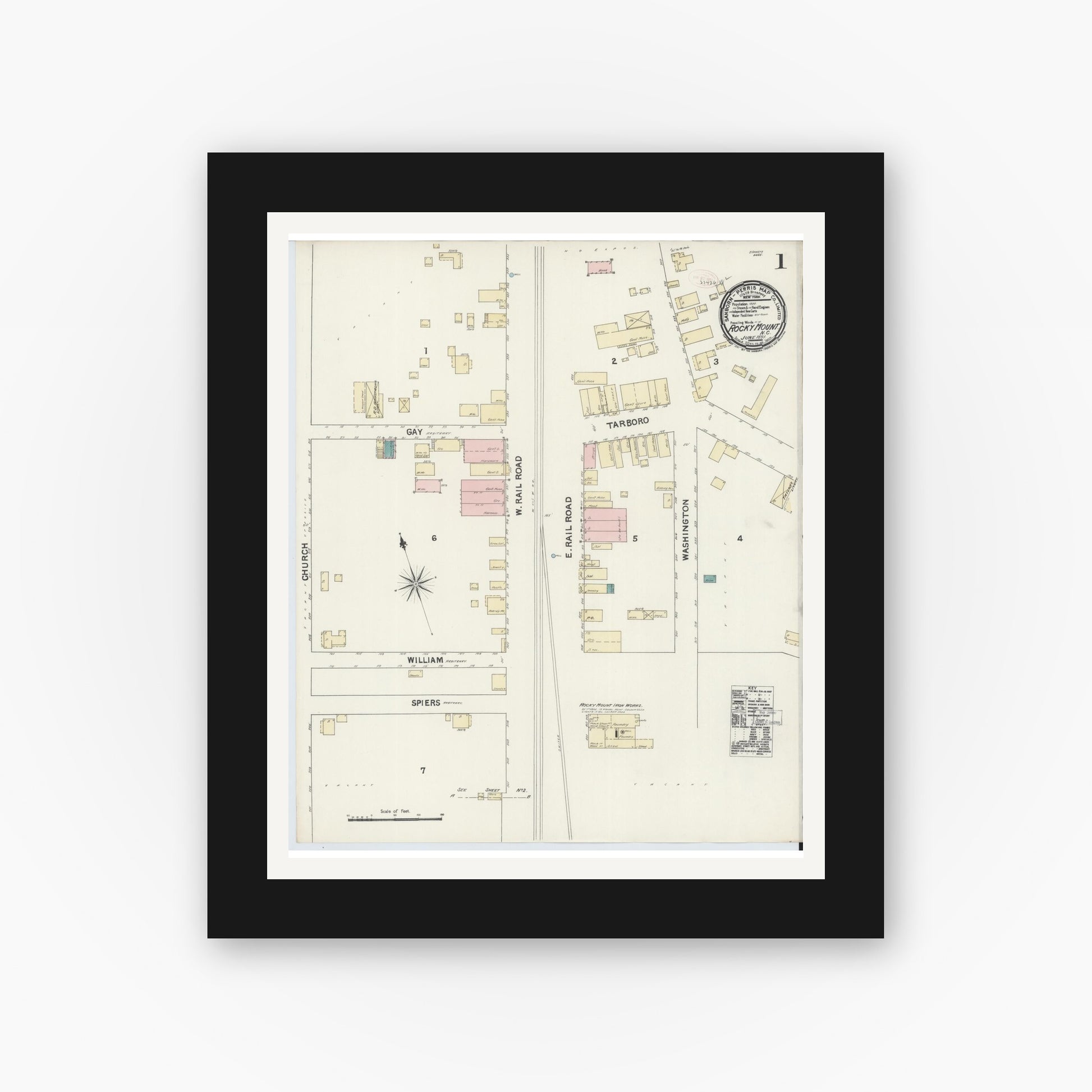 Old map wall art mockup — black gallery frame with white mat — Sanborn Fire Insurance Map from Rocky Mount, Edgecombe And Nash Counties, North Carolina (1891) - Complete Map Set