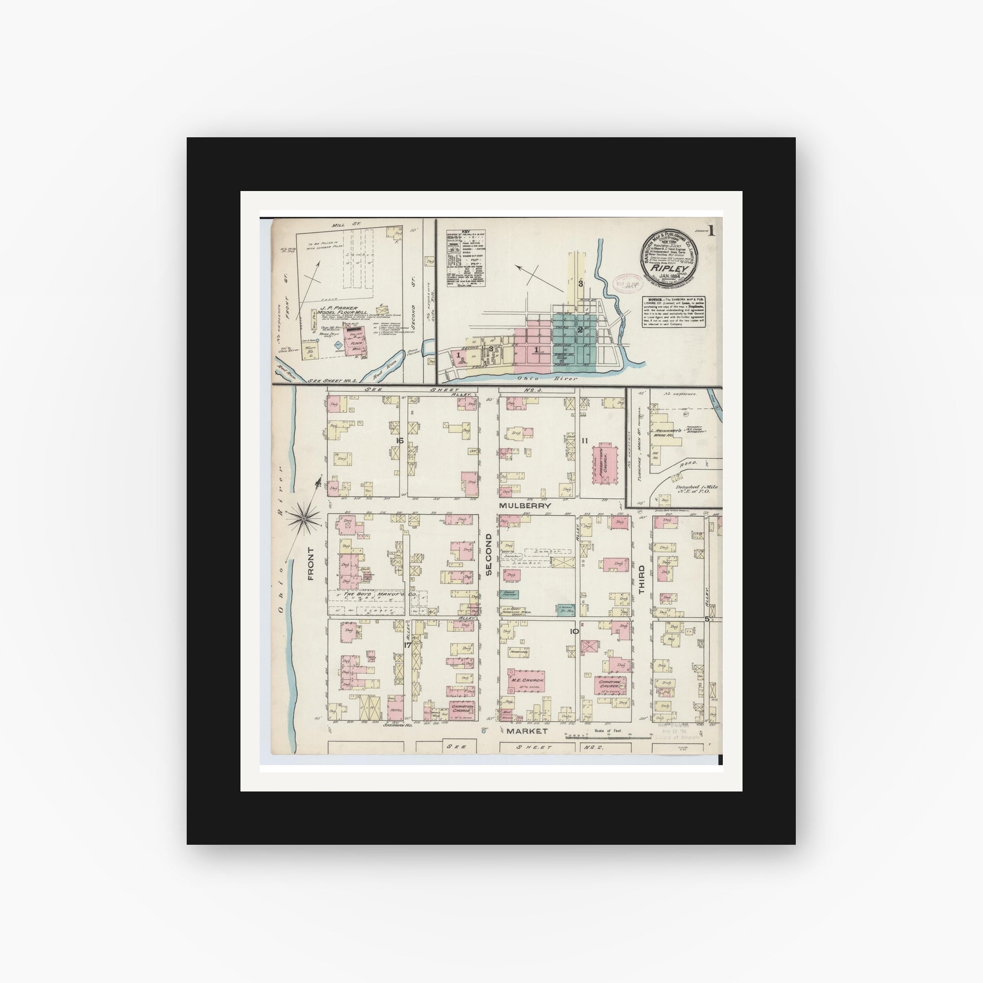 Old map wall art mockup — black gallery frame with white mat — Sanborn Fire Insurance Map from Ripley, Brown County, Ohio (1884), Sheet #0001