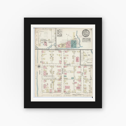 Old map wall art mockup — black gallery frame with white mat — Sanborn Fire Insurance Map from Ripley, Brown County, Ohio (1884), Sheet #0001