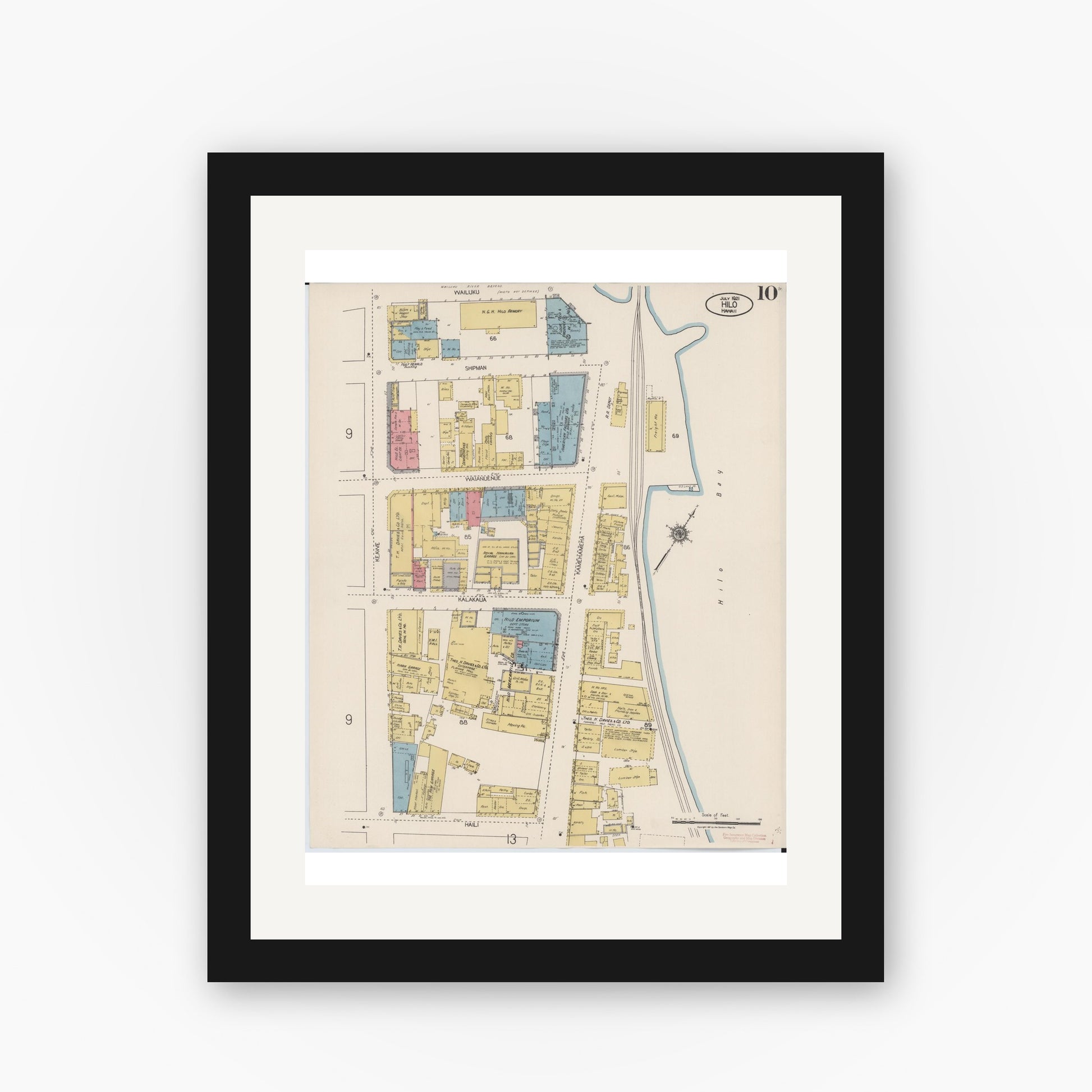 Old map wall art mockup — black gallery frame with white mat — Sanborn Fire Insurance Map from Hilo, Hawaii County, Hawaii (1921), Sheet #0010