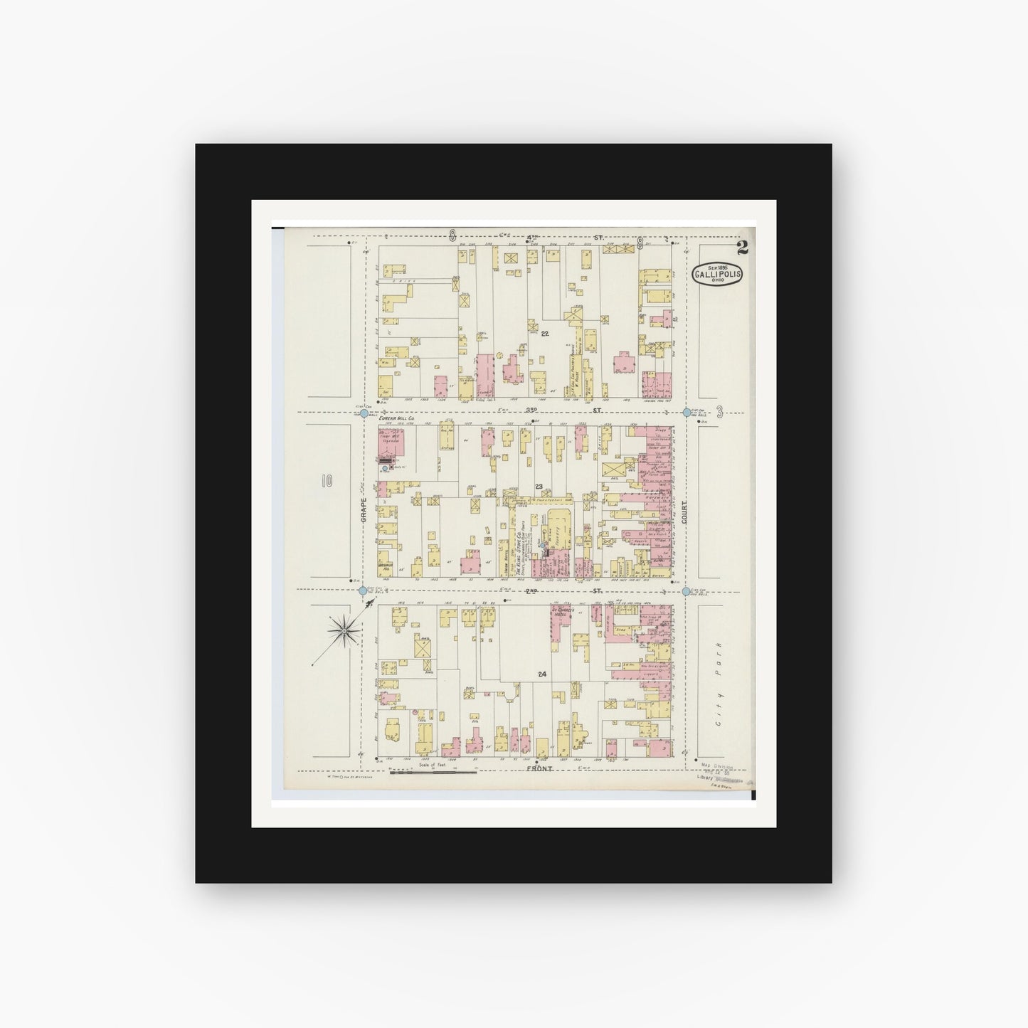 Old map wall art mockup — black gallery frame with white mat — Sanborn Fire Insurance Map from Gallipolis, Gallia County, Ohio (1895), Sheet #0002