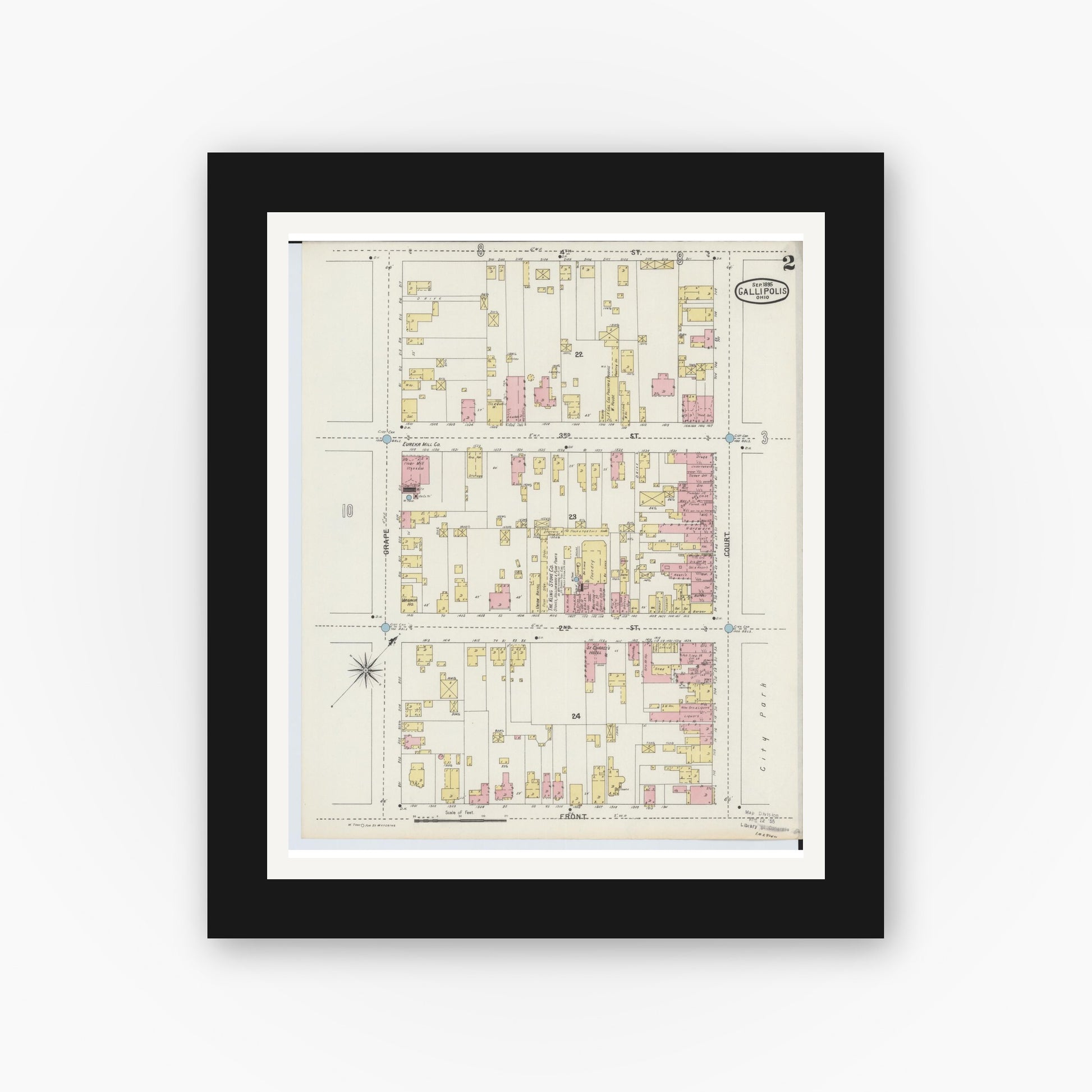 Old map wall art mockup — black gallery frame with white mat — Sanborn Fire Insurance Map from Gallipolis, Gallia County, Ohio (1895), Sheet #0002