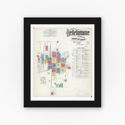 Old map wall art mockup — black gallery frame with white mat — Sanborn Fire Insurance Map from Bellefontaine, Logan County, Ohio (1907), Sheet #0001