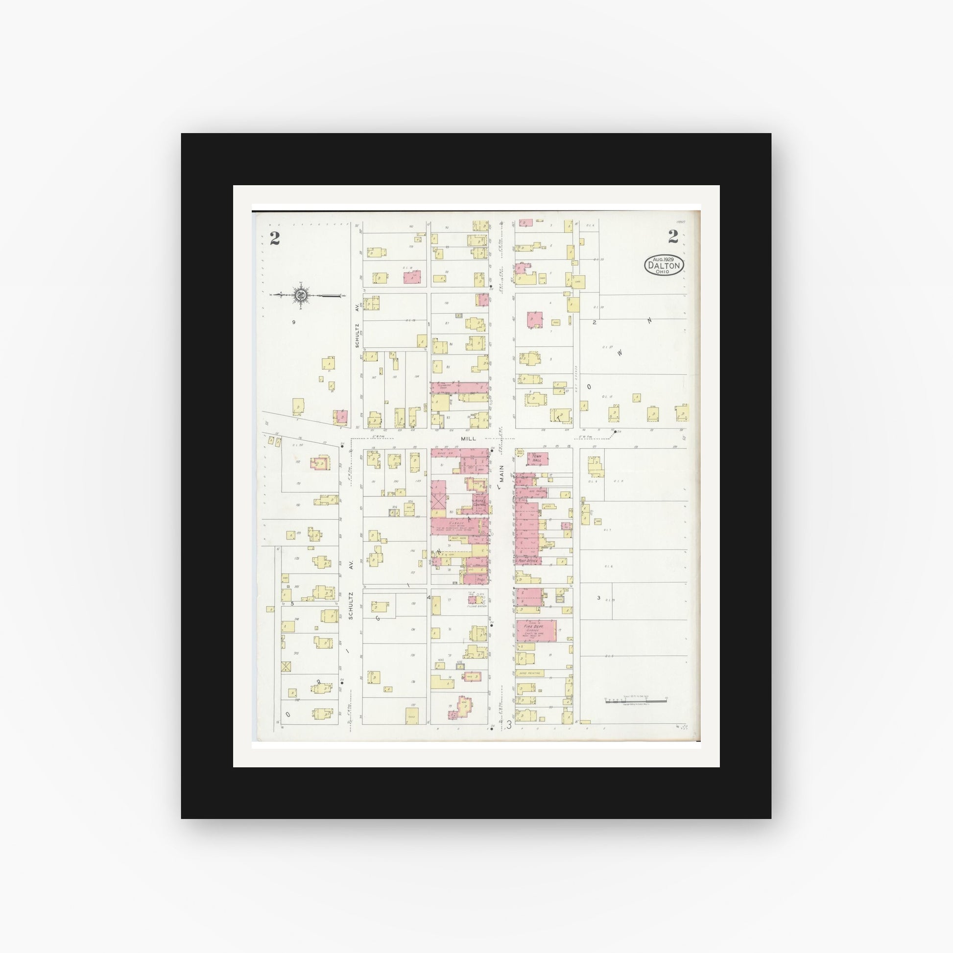 Old map wall art mockup — black gallery frame with white mat — Sanborn Fire Insurance Map from Dalton, Wayne County, Ohio (1929), Sheet #0002