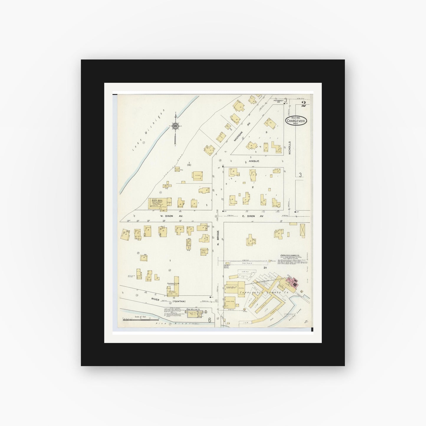 Old map wall art mockup — black gallery frame with white mat — Sanborn Fire Insurance Map from Charlevoix, Charlevoix County, Michigan (1912), Sheet #0002