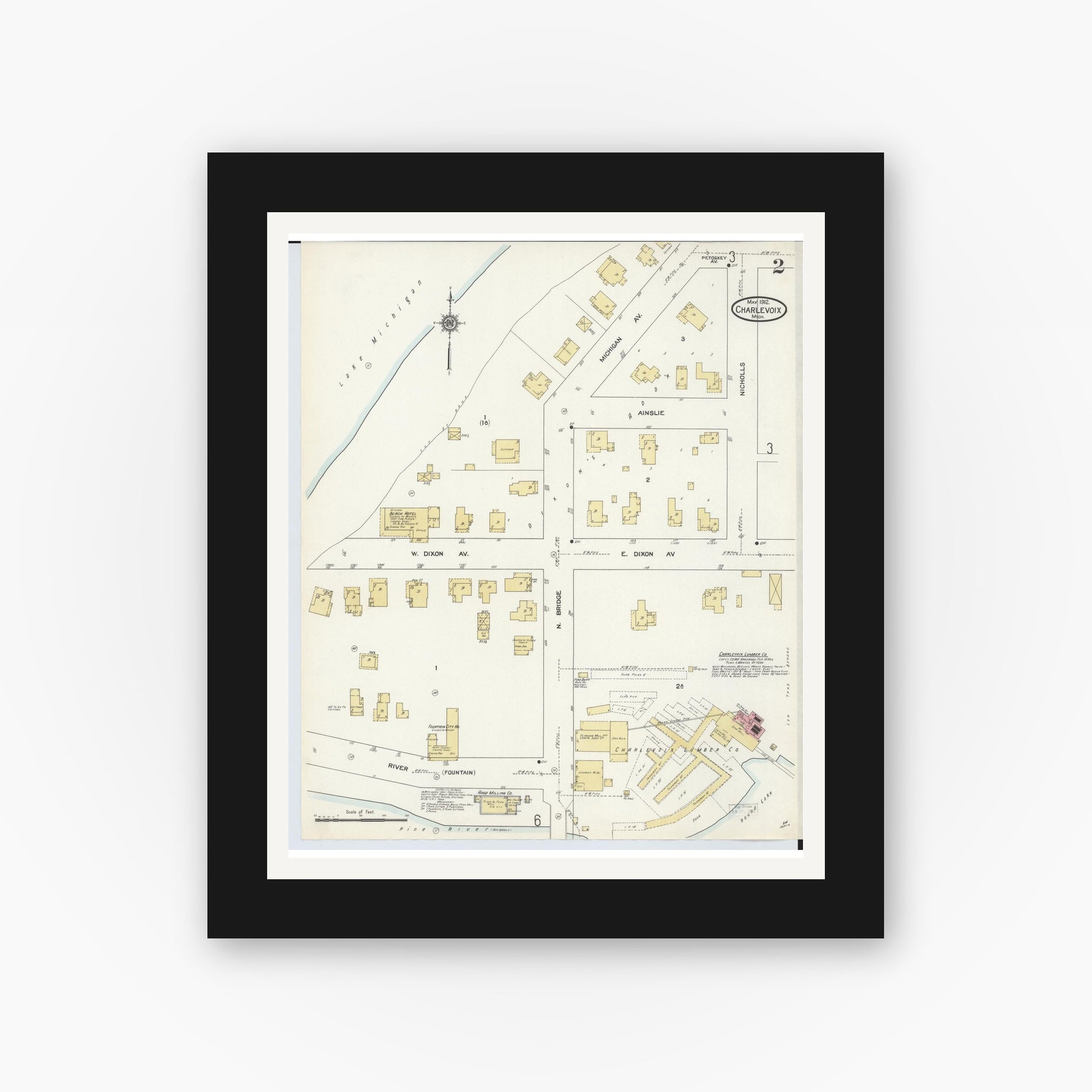 Old map wall art mockup — black gallery frame with white mat — Sanborn Fire Insurance Map from Charlevoix, Charlevoix County, Michigan (1912), Sheet #0002