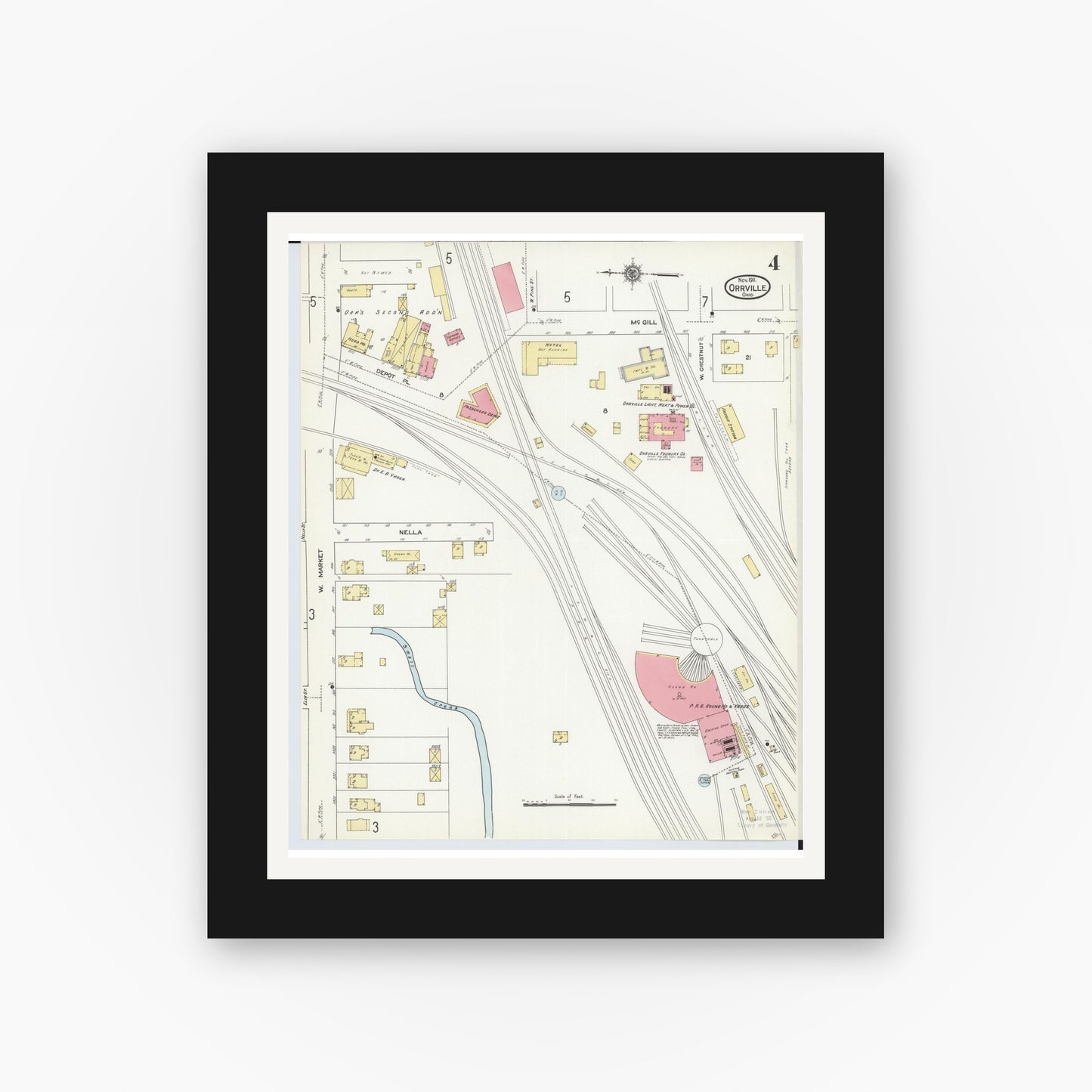 Old map wall art mockup — black gallery frame with white mat — Sanborn Fire Insurance Map from Orrville, Wayne County, Ohio (1911), Sheet #0004