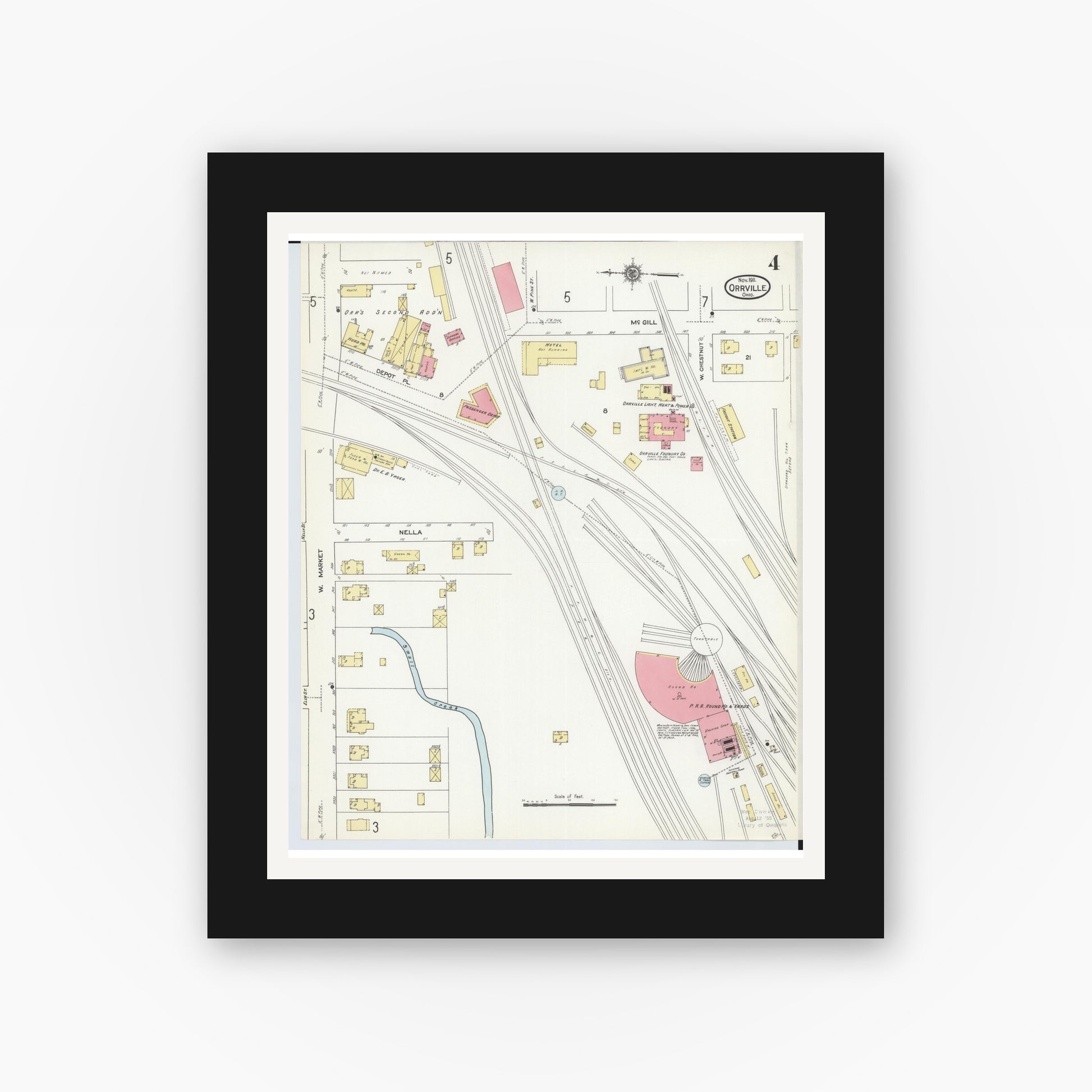 Old map wall art mockup — black gallery frame with white mat — Sanborn Fire Insurance Map from Orrville, Wayne County, Ohio (1911), Sheet #0004