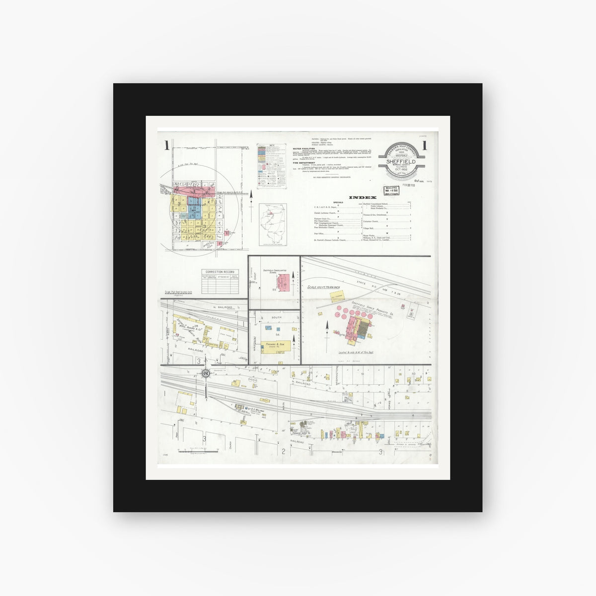 Old map wall art mockup — black gallery frame with white mat — Sanborn Fire Insurance Map from Sheffield, Bureau County, Illinois (1932) - Complete Map Set