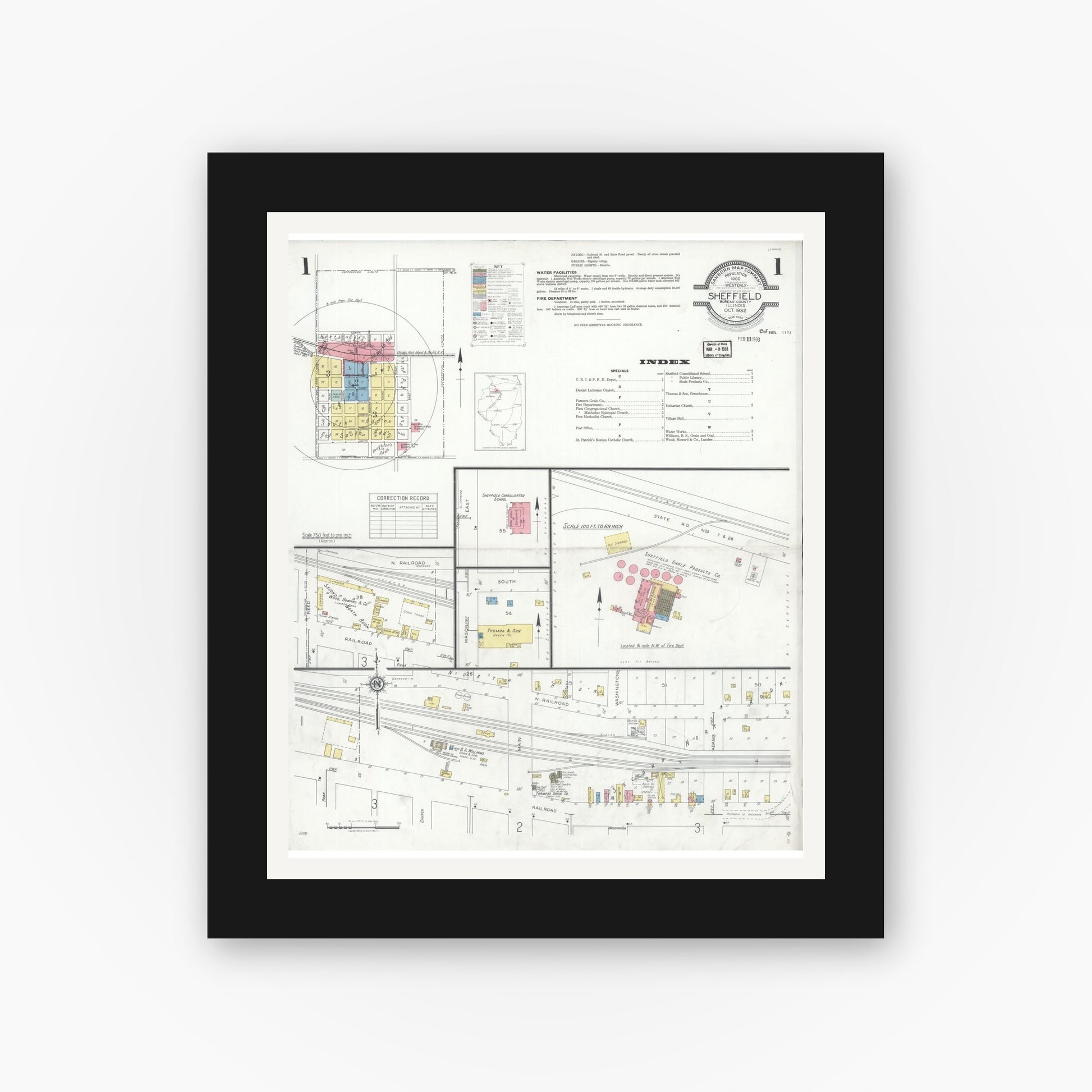 Old map wall art mockup — black gallery frame with white mat — Sanborn Fire Insurance Map from Sheffield, Bureau County, Illinois (1932) - Complete Map Set
