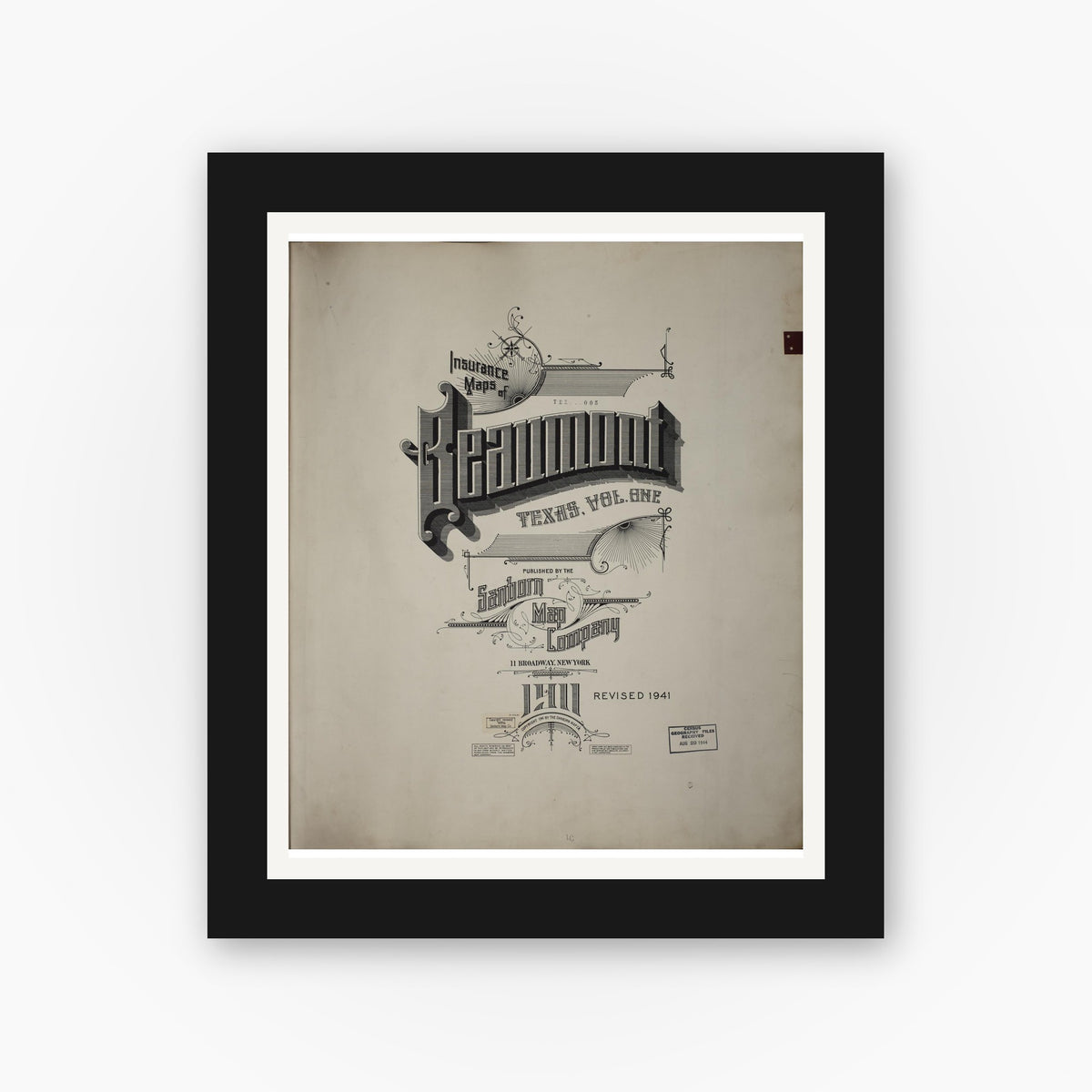 Old map wall art mockup — black gallery frame with white mat — Sanborn Fire Insurance Map from Beaumont, Jefferson County, Texas (1951), Sheet #0001