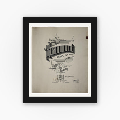 Old map wall art mockup — black gallery frame with white mat — Sanborn Fire Insurance Map from Beaumont, Jefferson County, Texas (1951), Sheet #0001