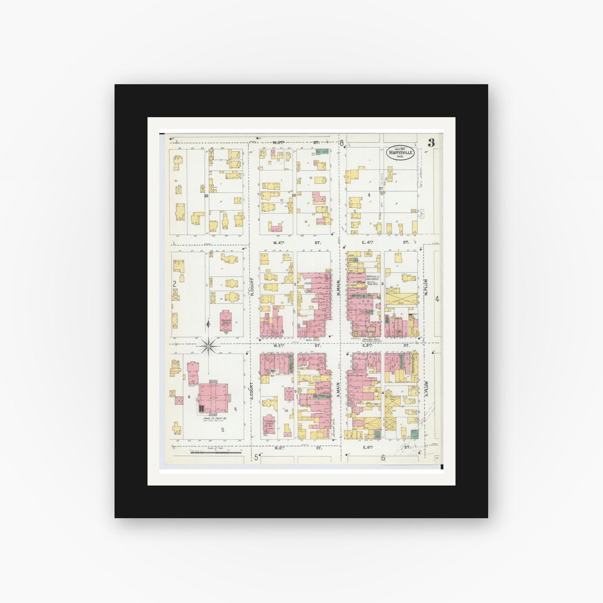 Old map wall art mockup — black gallery frame with white mat — Sanborn Fire Insurance Map from Marysville, Union County, Ohio (1901), Sheet #0003
