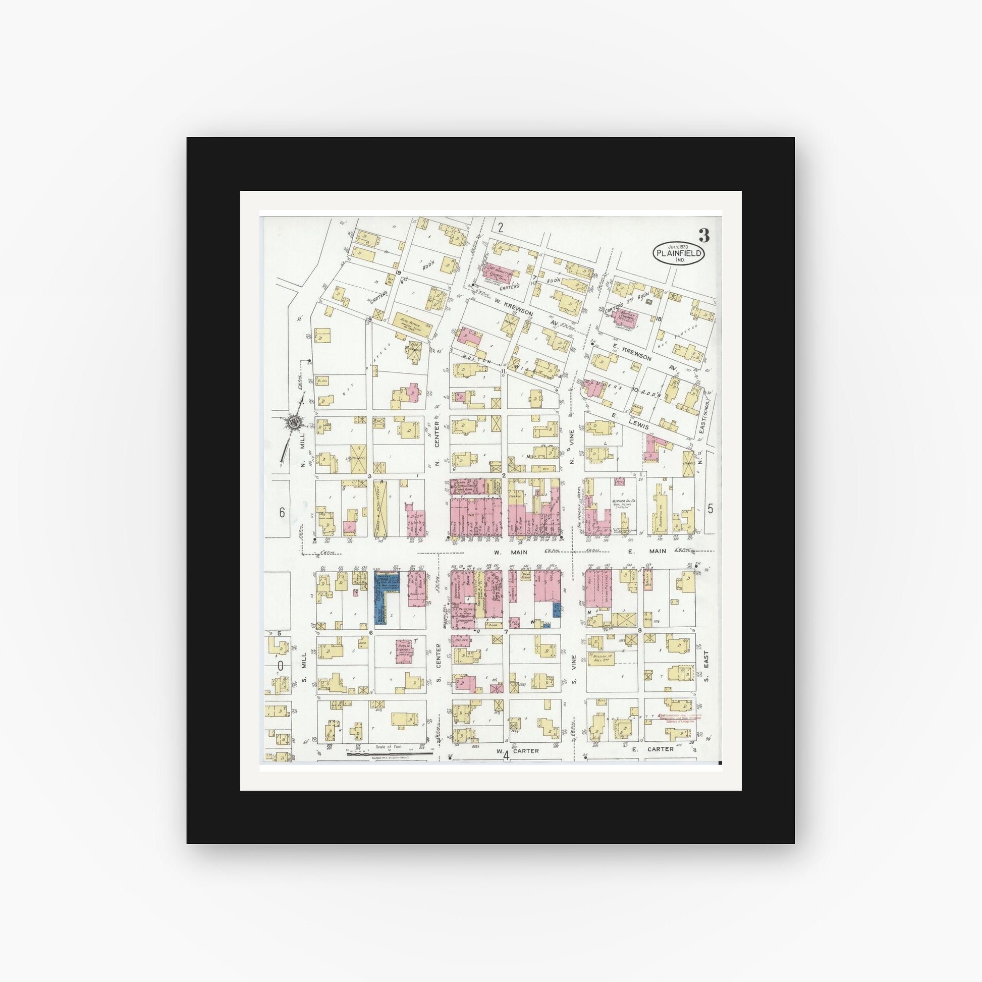 Old map wall art mockup — black gallery frame with white mat — Sanborn Fire Insurance Map from Plainfield, Hendricks County, Indiana (1920), Sheet #0003
