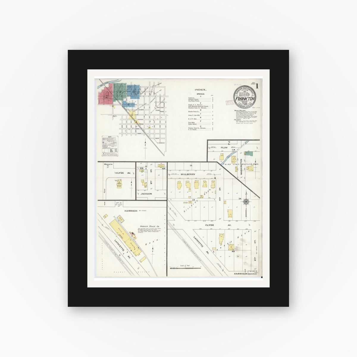 Old map wall art mockup — black gallery frame with white mat — Sanborn Fire Insurance Map from Frankton, Madison County, Indiana (1909) - Complete Map Set