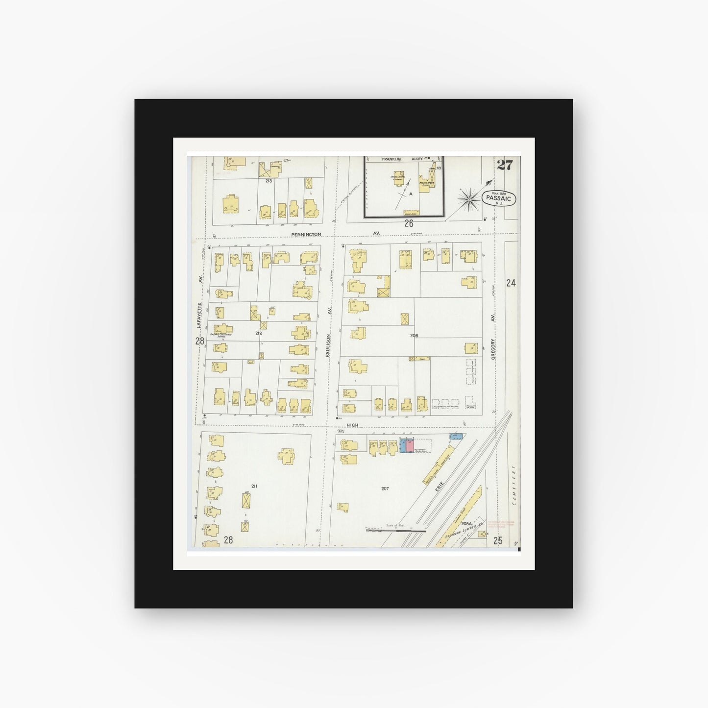 Old map wall art mockup — black gallery frame with white mat — Sanborn Fire Insurance Map from Passaic, Passaic County, New Jersey (1899), Sheet #0027