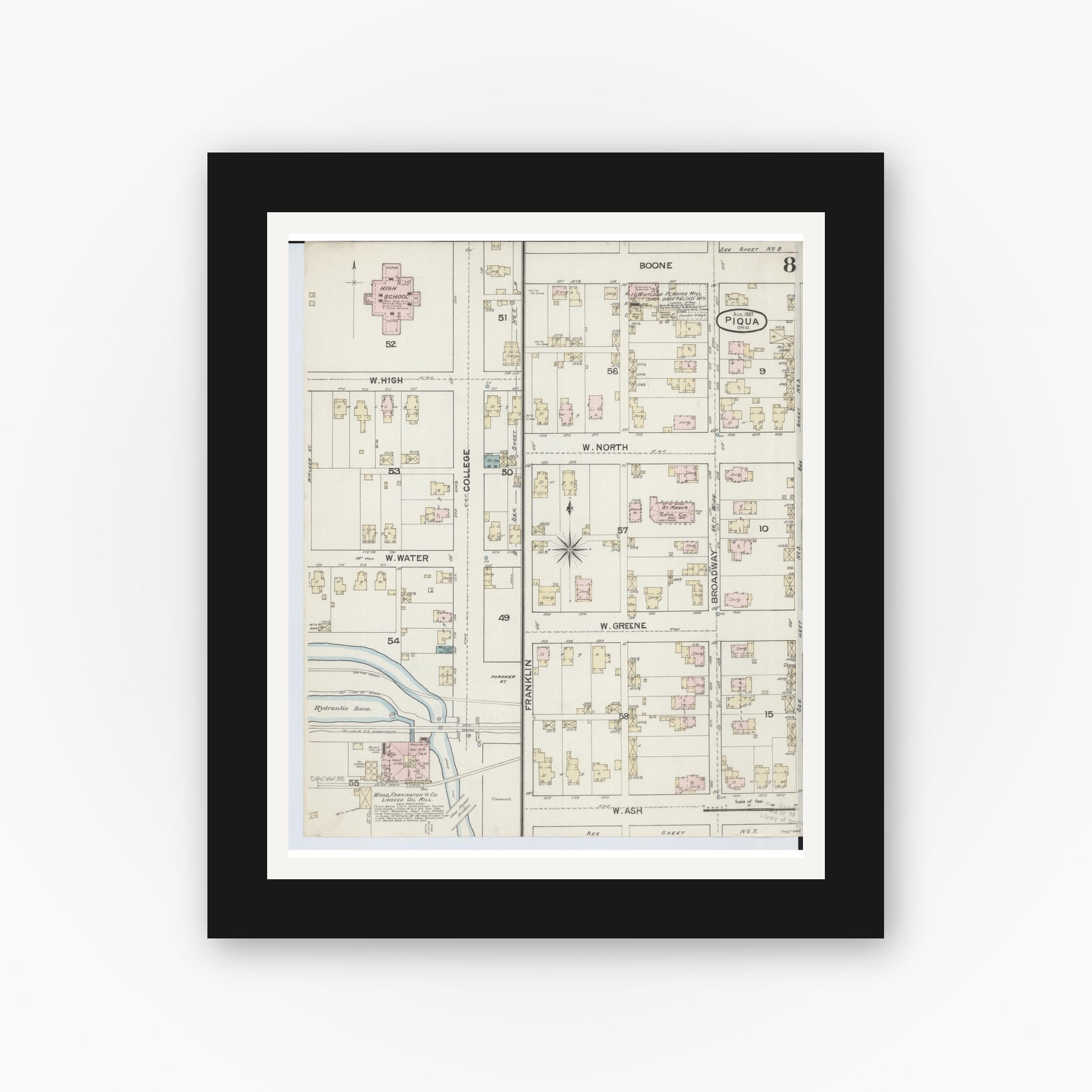 Old map wall art mockup — black gallery frame with white mat — Sanborn Fire Insurance Map from Piqua, Miami County, Ohio (1887), Sheet #0008