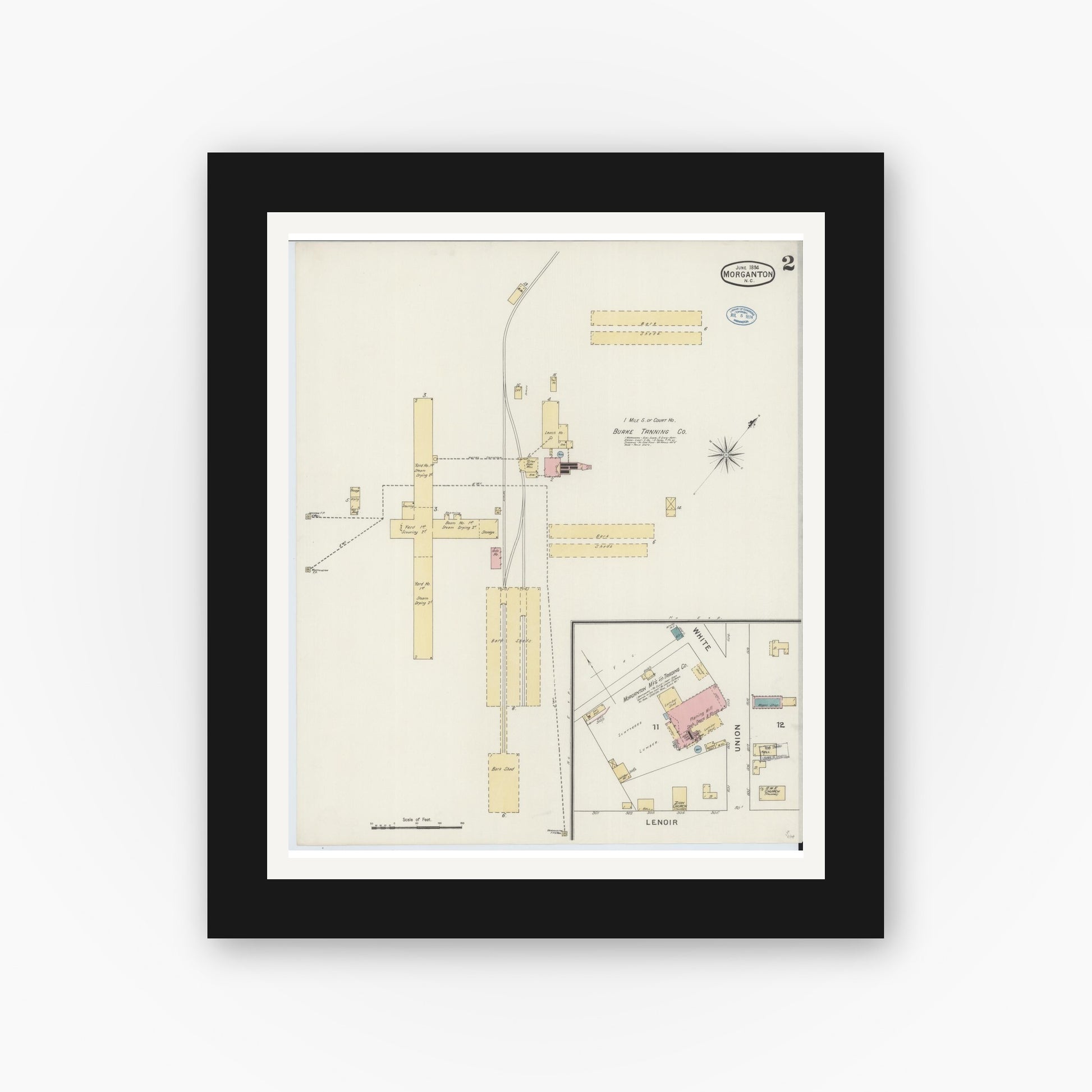 Old map wall art mockup — black gallery frame with white mat — Sanborn Fire Insurance Map from Morganton, Burke County, North Carolina (1894), Sheet #0002