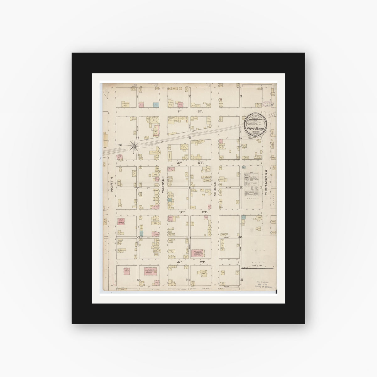 Old map wall art mockup — black gallery frame with white mat — Sanborn Fire Insurance Map from Port Royal, Juniata County, Pennsylvania (1885), Sheet #0001