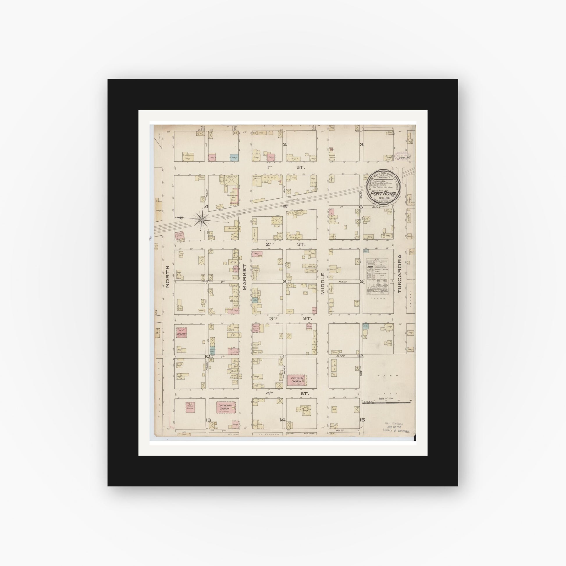 Old map wall art mockup — black gallery frame with white mat — Sanborn Fire Insurance Map from Port Royal, Juniata County, Pennsylvania (1885), Sheet #0001