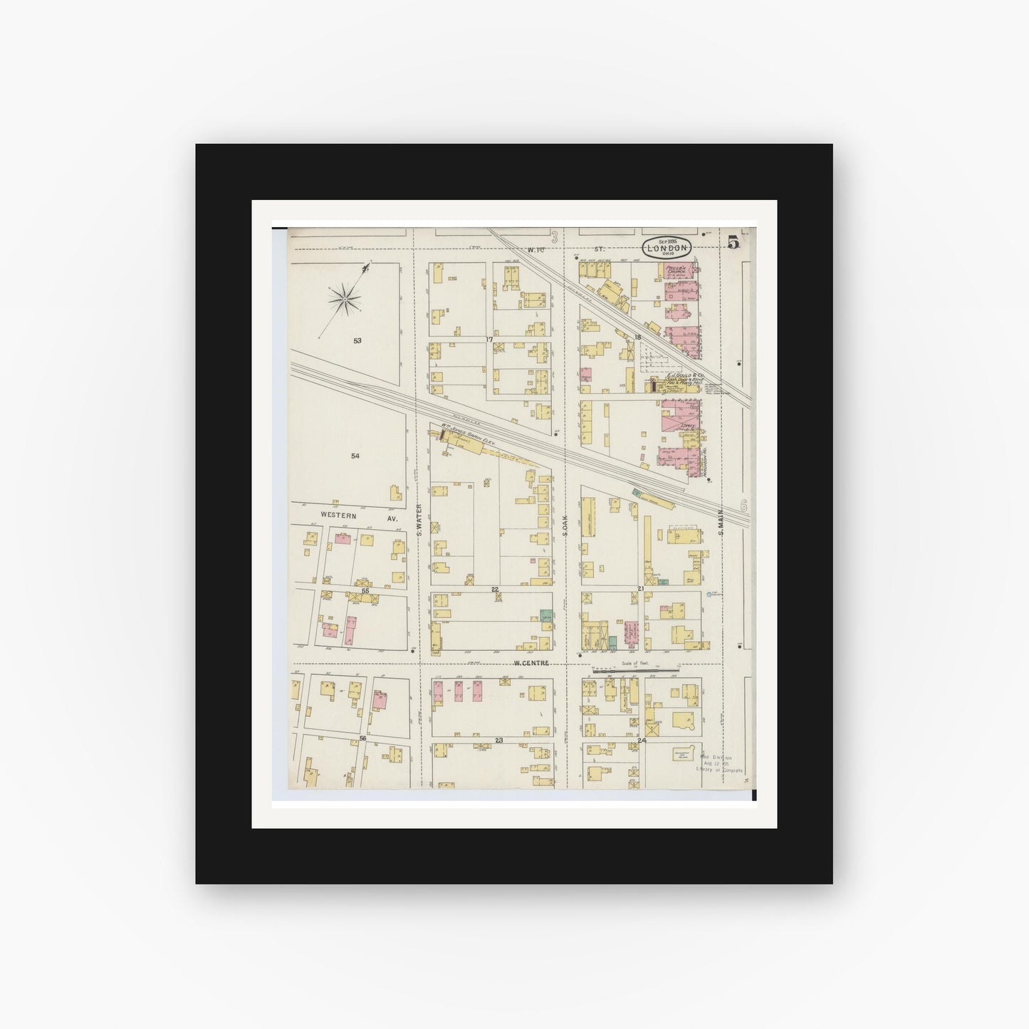 Old map wall art mockup — black gallery frame with white mat — Sanborn Fire Insurance Map from London, Madison County, Ohio (1895), Sheet #0005