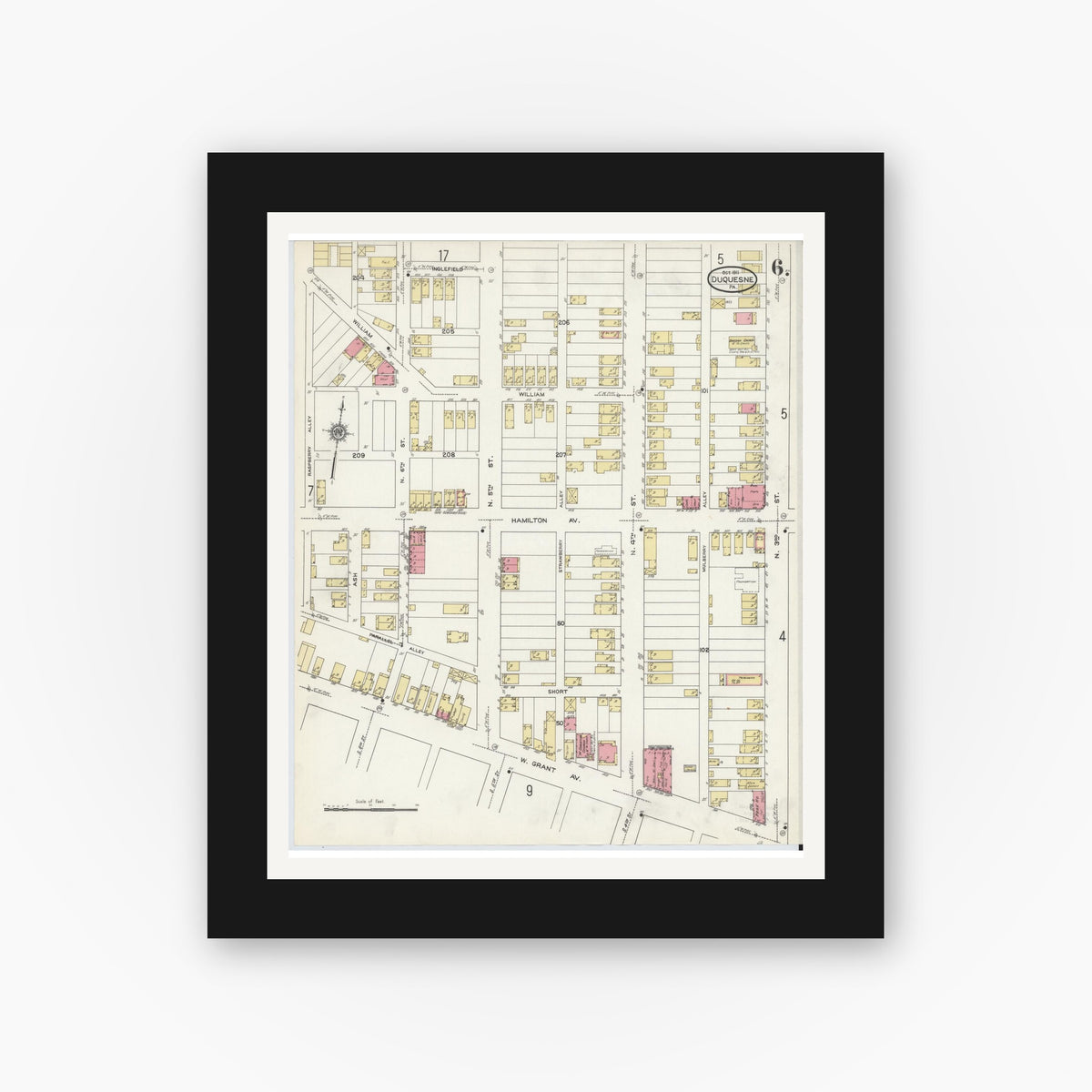 Old map wall art mockup — black gallery frame with white mat — Sanborn Fire Insurance Map from Duquesne, Allegheny County, Pennsylvania (1911), Sheet #0006