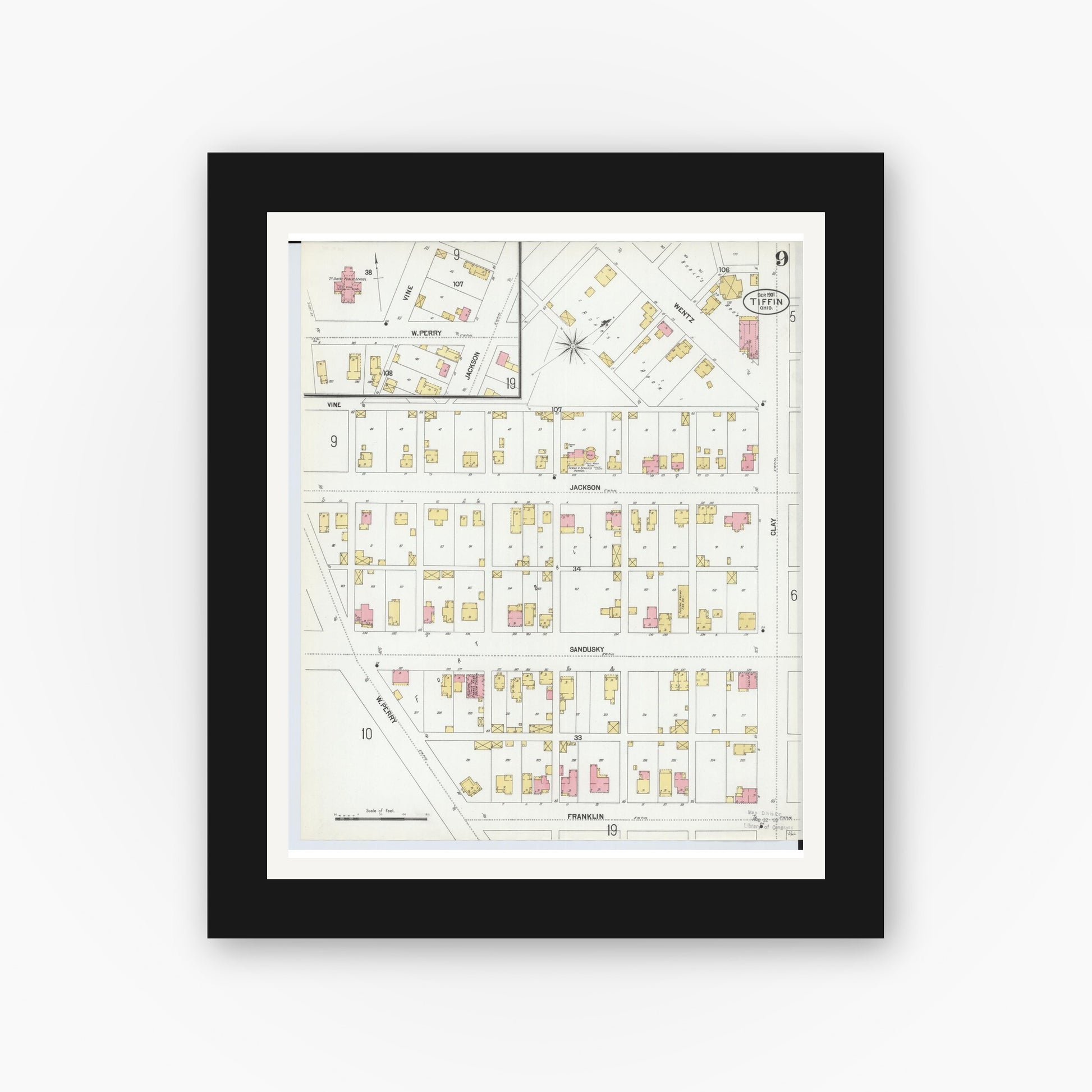 Old map wall art mockup — black gallery frame with white mat — Sanborn Fire Insurance Map from Tiffin, Seneca County, Ohio (1901), Sheet #0009