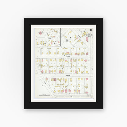 Old map wall art mockup — black gallery frame with white mat — Sanborn Fire Insurance Map from Tiffin, Seneca County, Ohio (1901), Sheet #0009