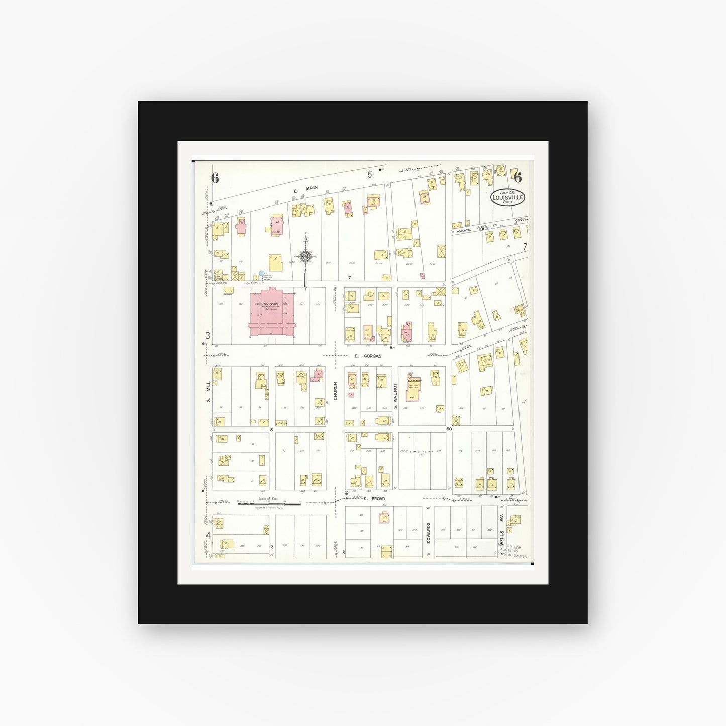 Old map wall art mockup — black gallery frame with white mat — Sanborn Fire Insurance Map from Louisville, Stark County, Ohio (1923), Sheet #0006